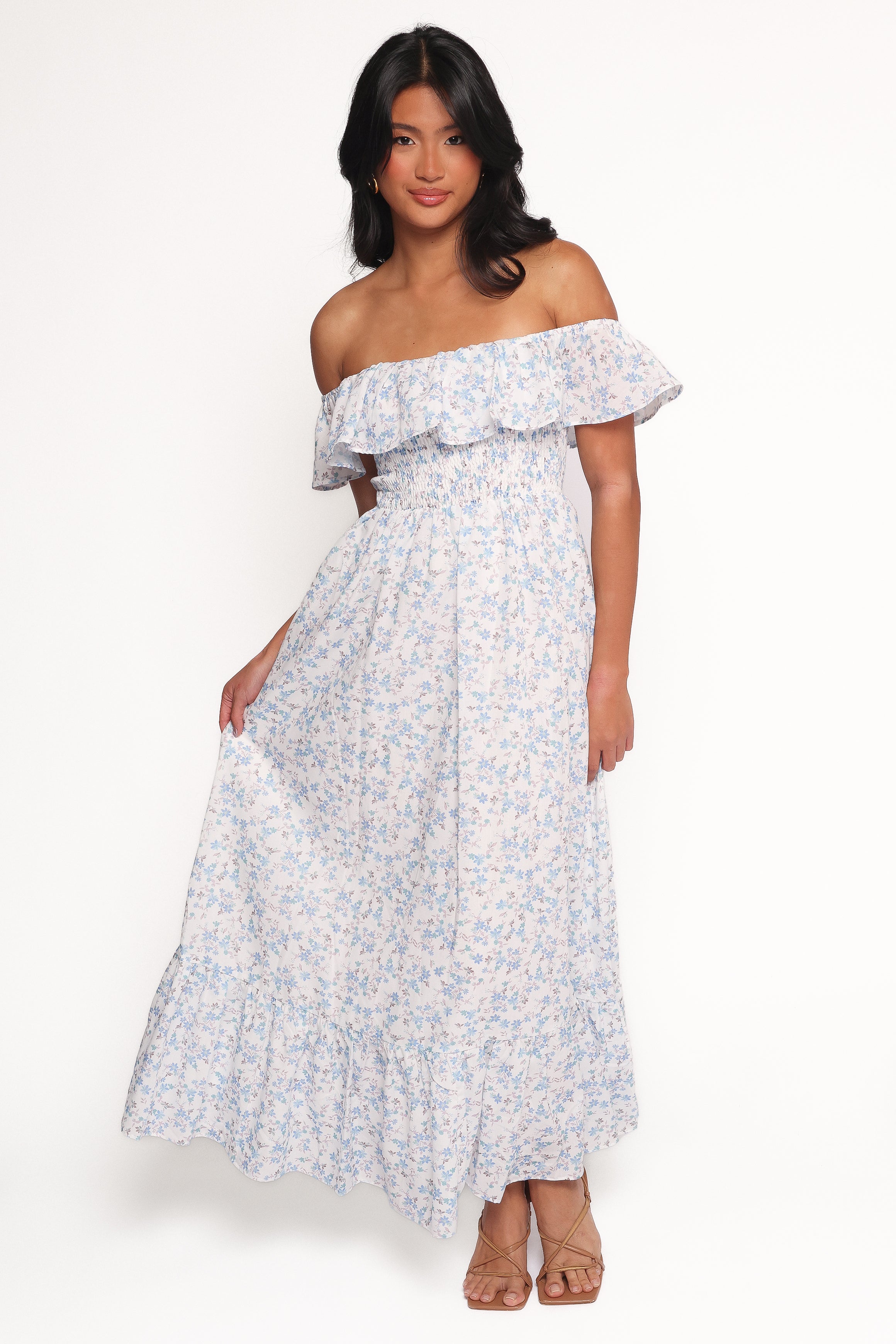 Priscilla Strapless Midi Dress - Blue Floral