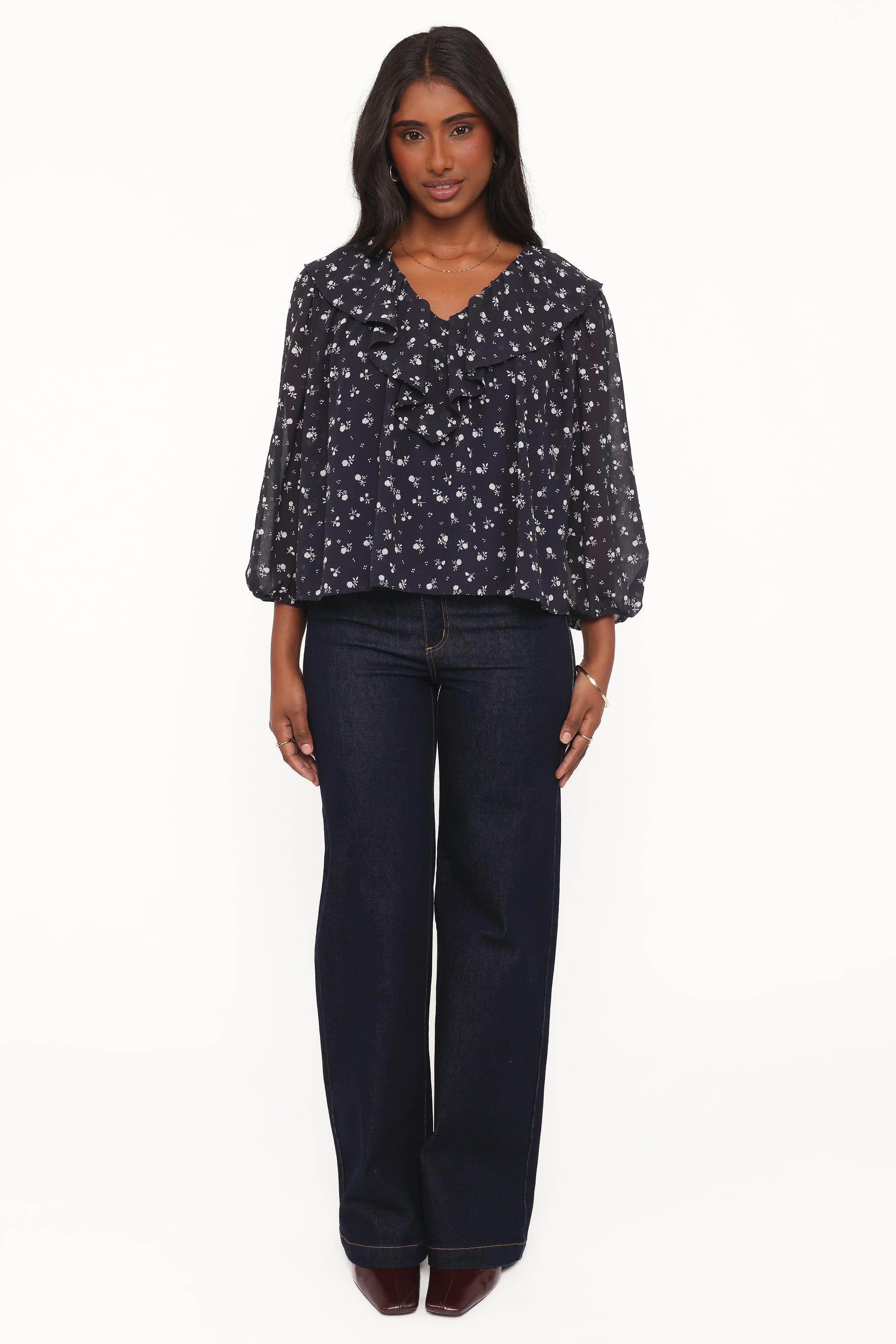 Reina Ruffle Top - Black Floral