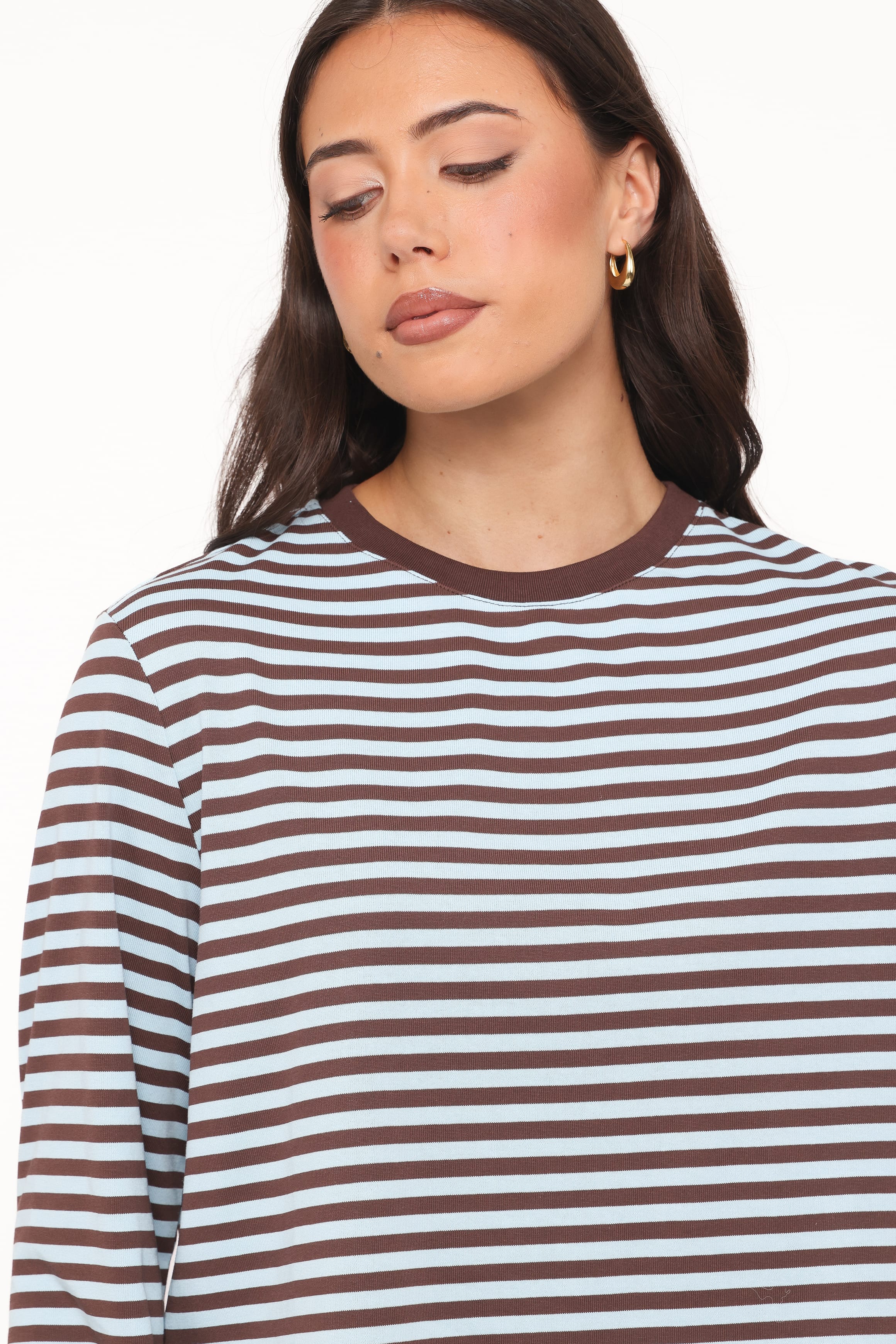 Ruva Long Sleeve Tee - Brown Blue Stripe