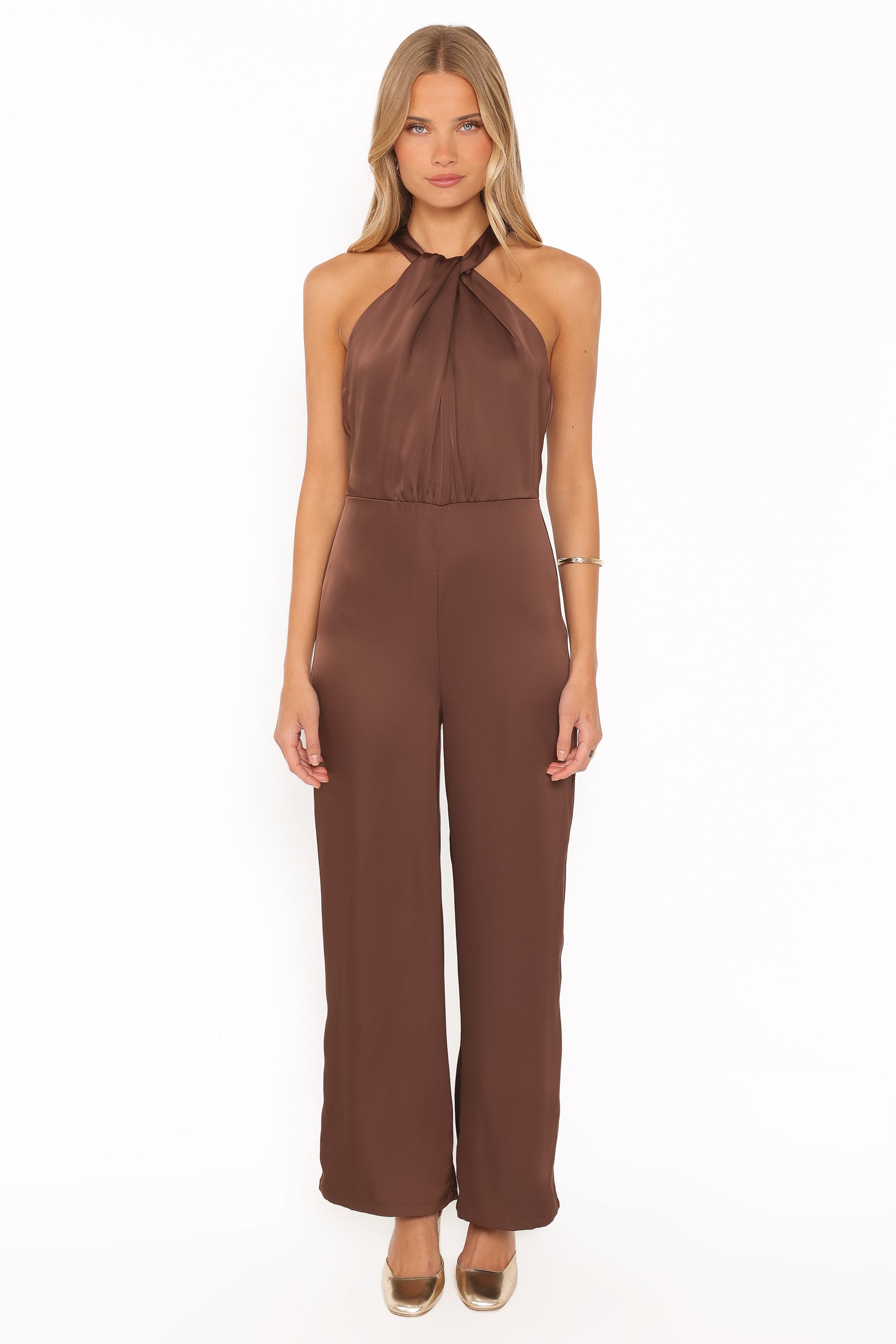 Saskia Halter Neck Satin Jumpsuit - Chocolate Brown