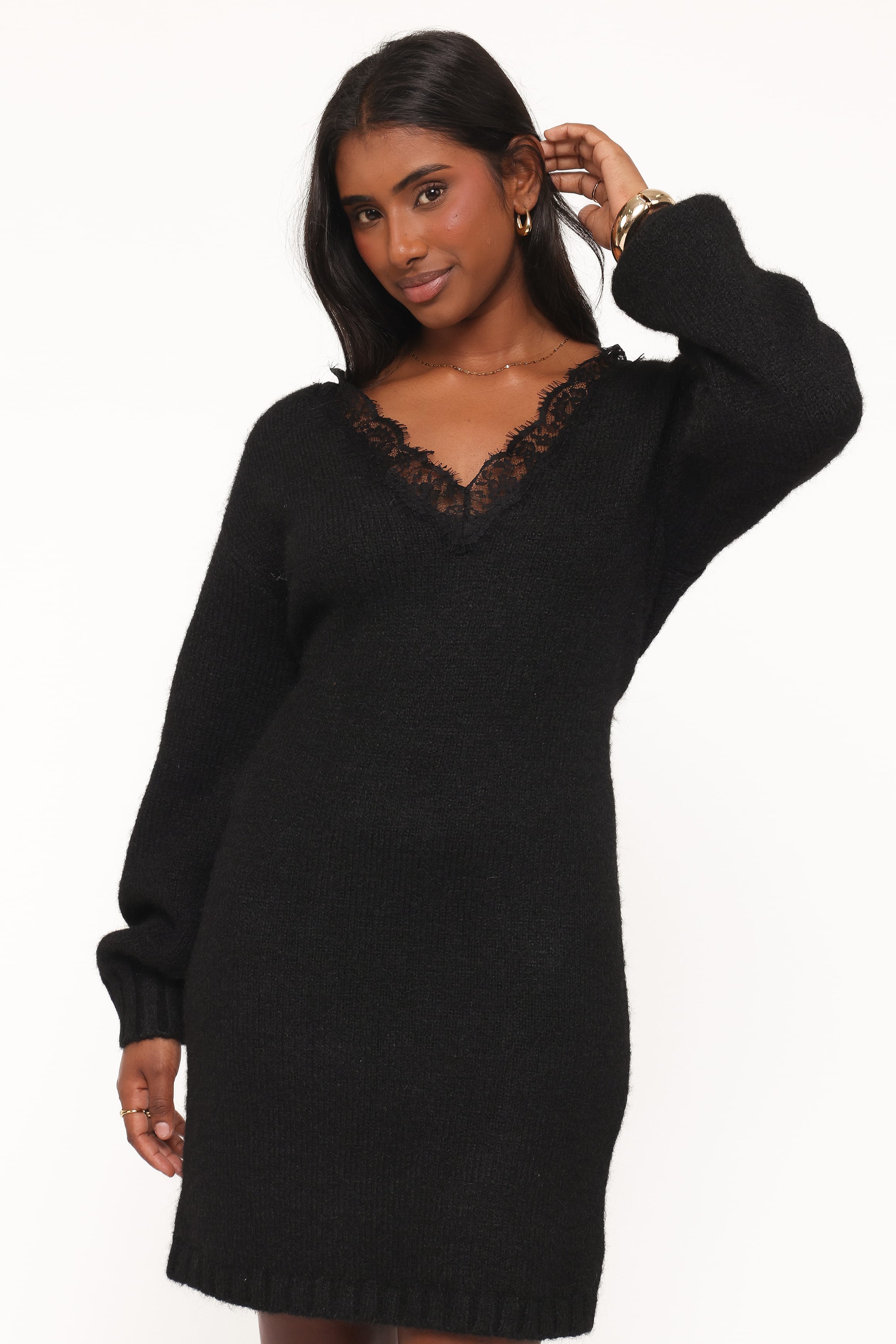 Sharona Lace Trim Knit Mini Dress - Black