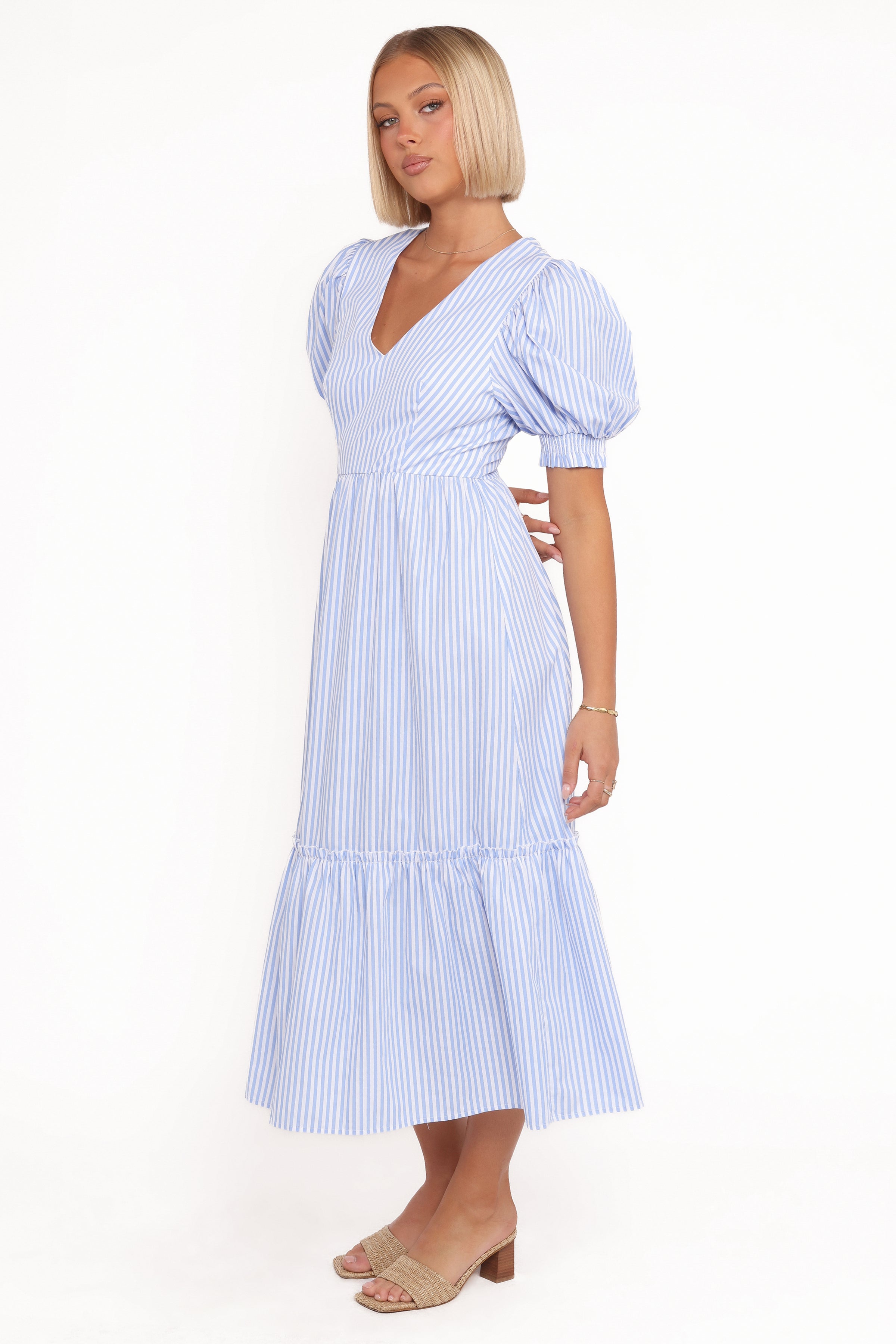 Steele Puff Sleeve Midi Dress - Blue Stripe