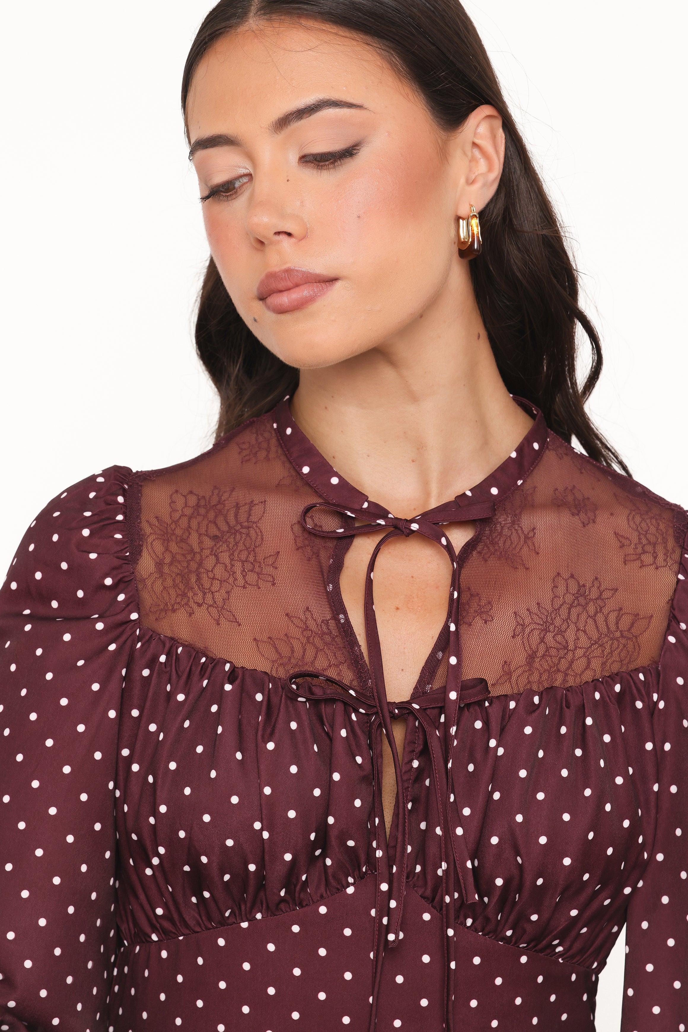 Tillie Long Sleeve Maxi Dress - Burgundy Polka Dot