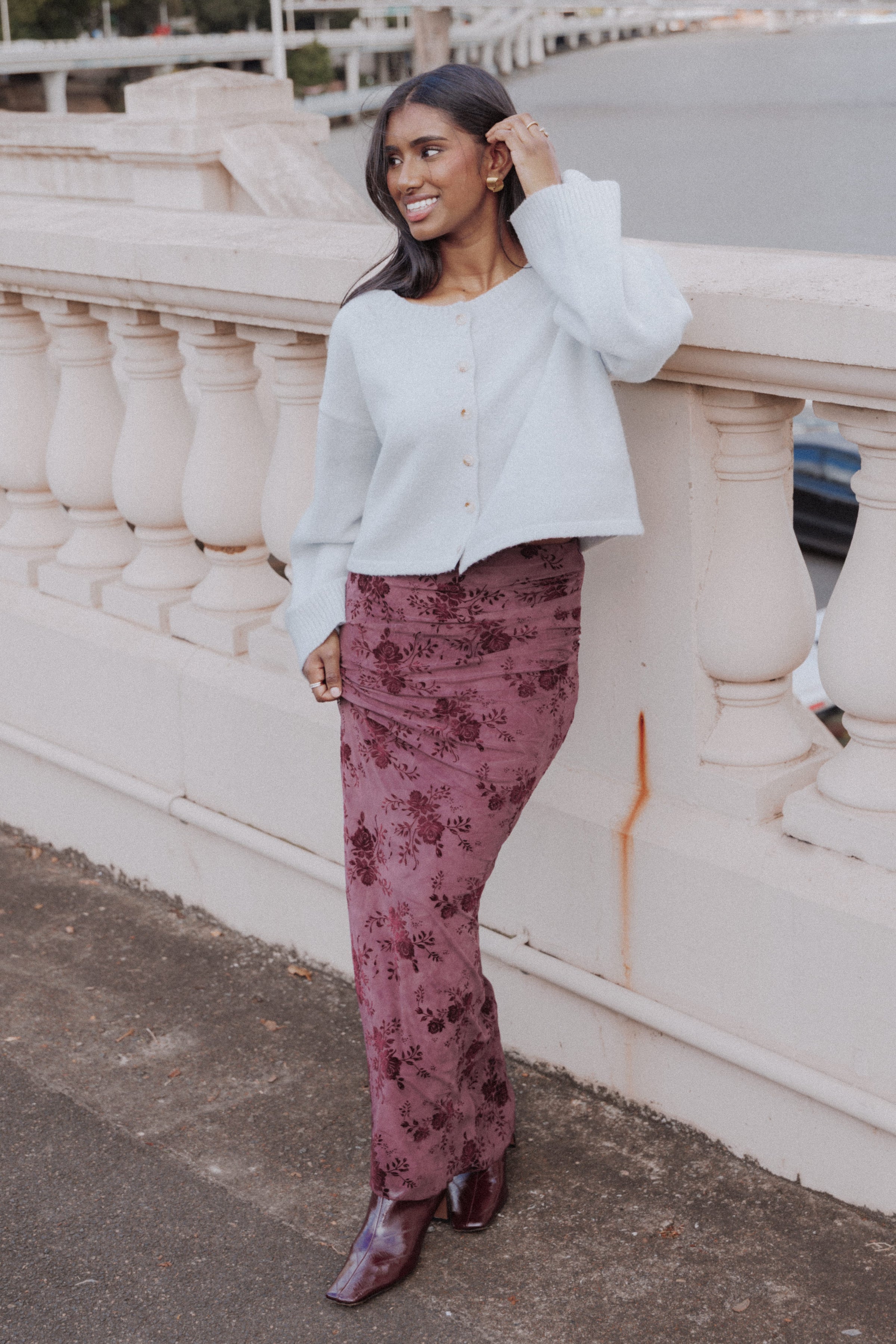 Devona Gathered Maxi Skirt - Plum Burnout