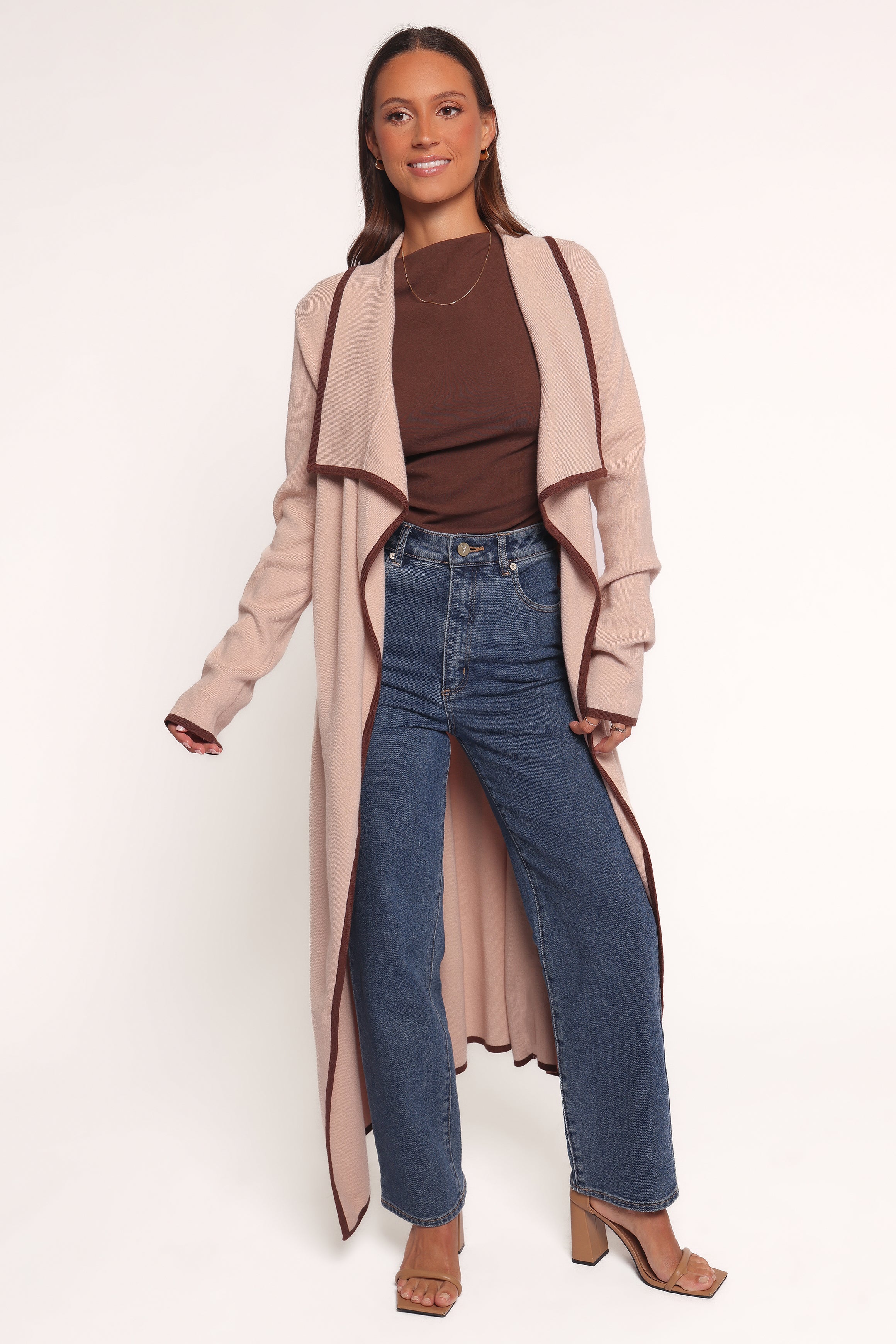 Vallis Contrast Trim Long Cardigan - Beige