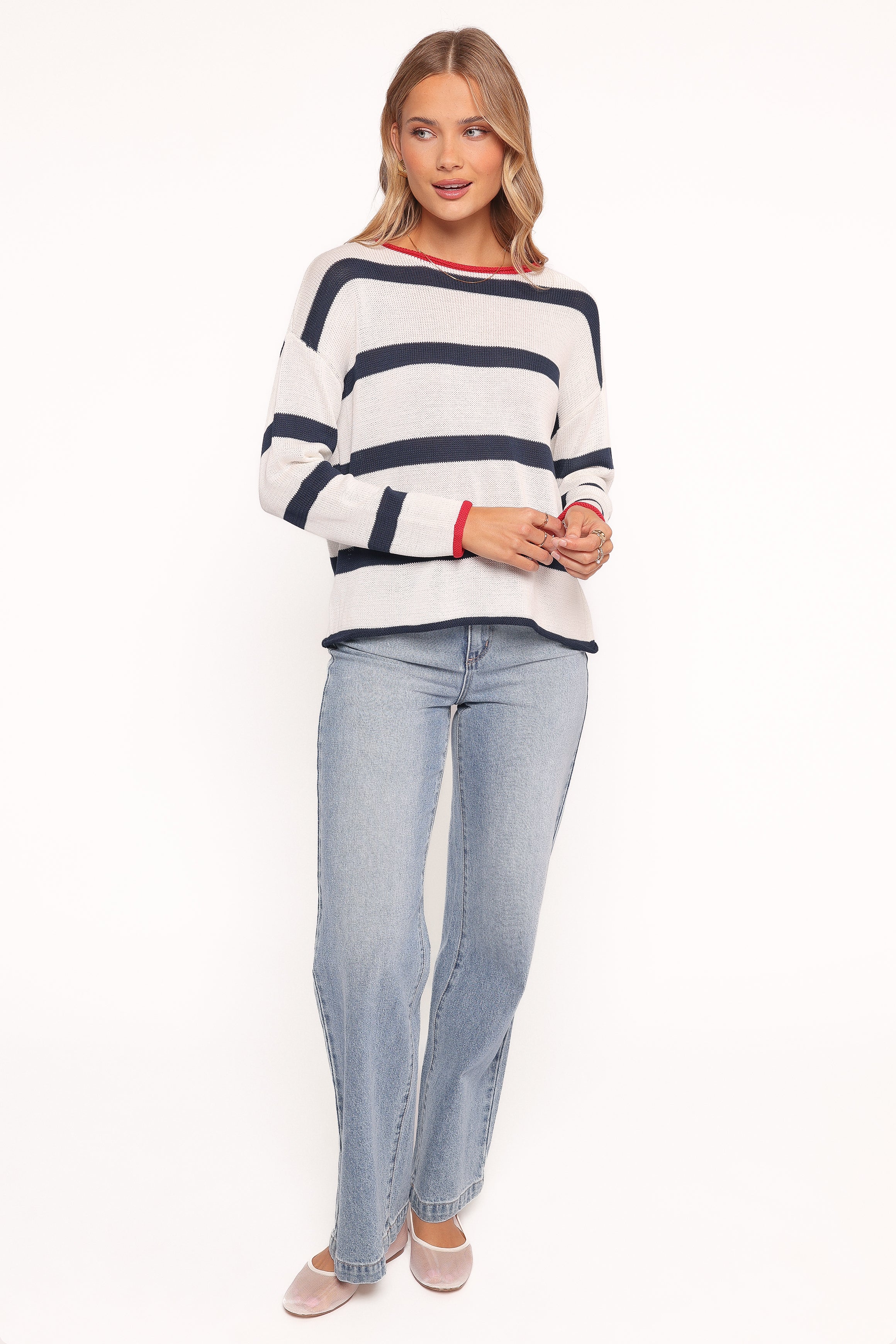 Wakeley Striped Crewneck Knit Sweater - White Stripe