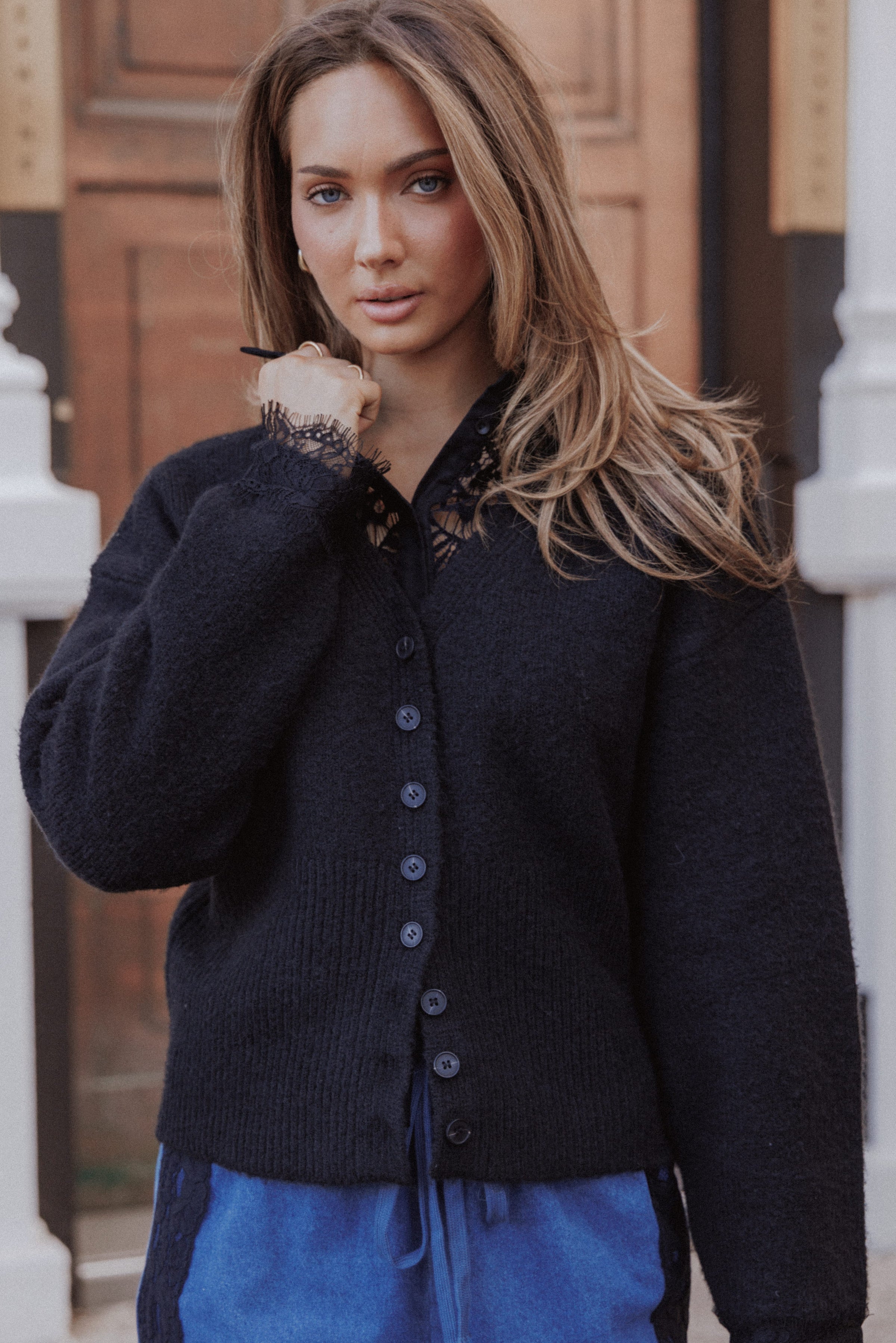 Salome Lace Trimmed Cardigan - Black