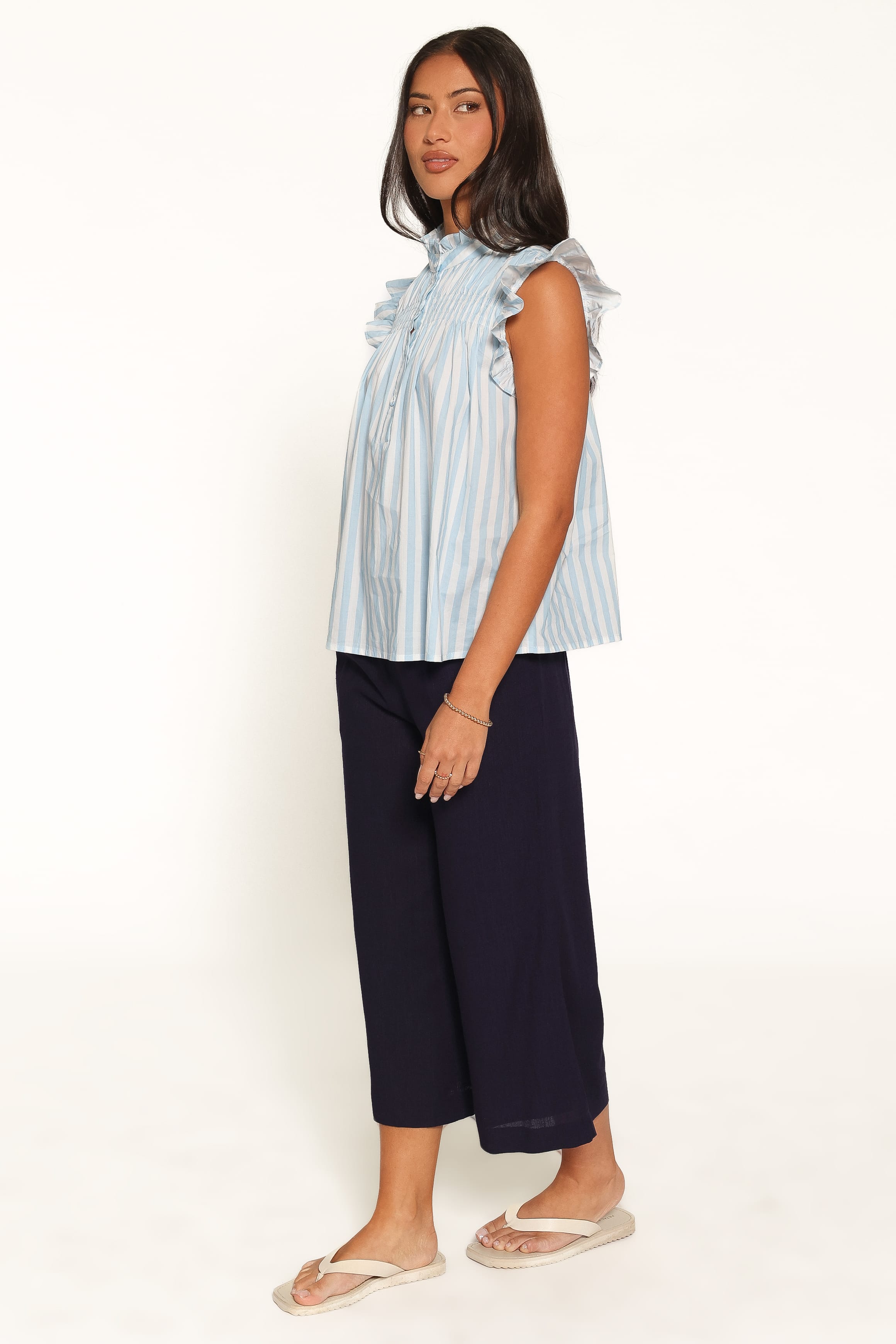 BOTTOMS Aldena Linen Blend Culotte Pants - Navy