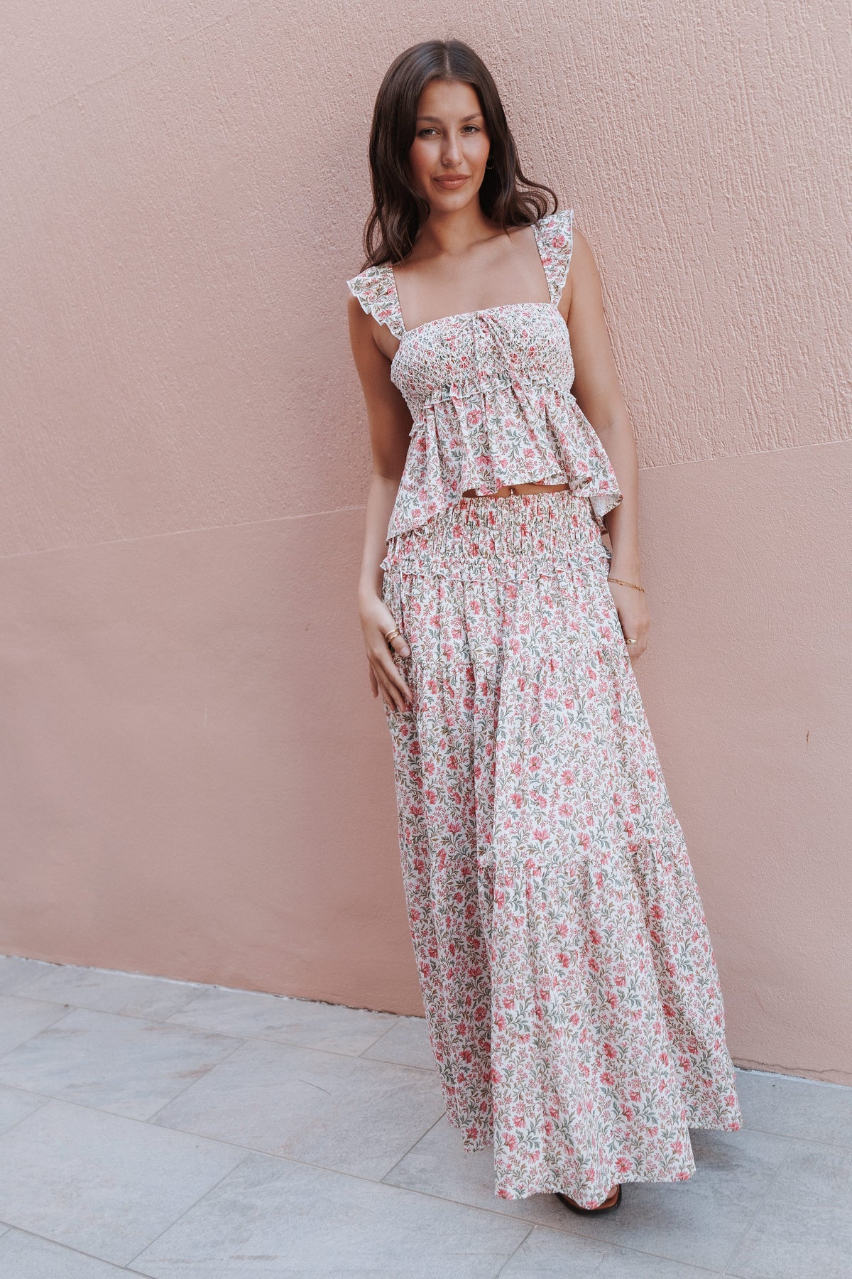 BOTTOMS Dakari Smocked Waist Maxi Skirt - Pink Green Floral