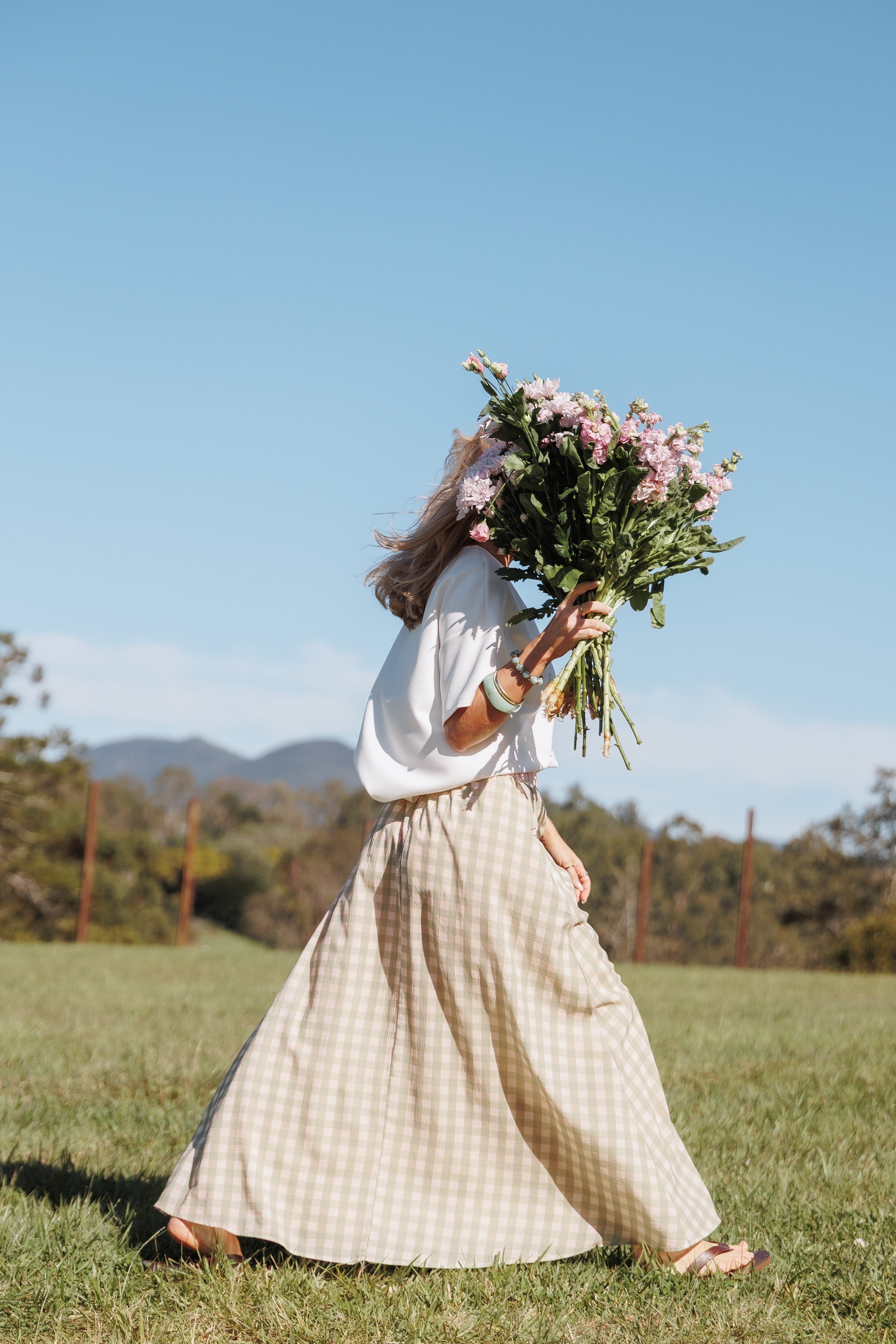 BOTTOMS Daroda Midi Circle Skirt - Green/Pink Gingham