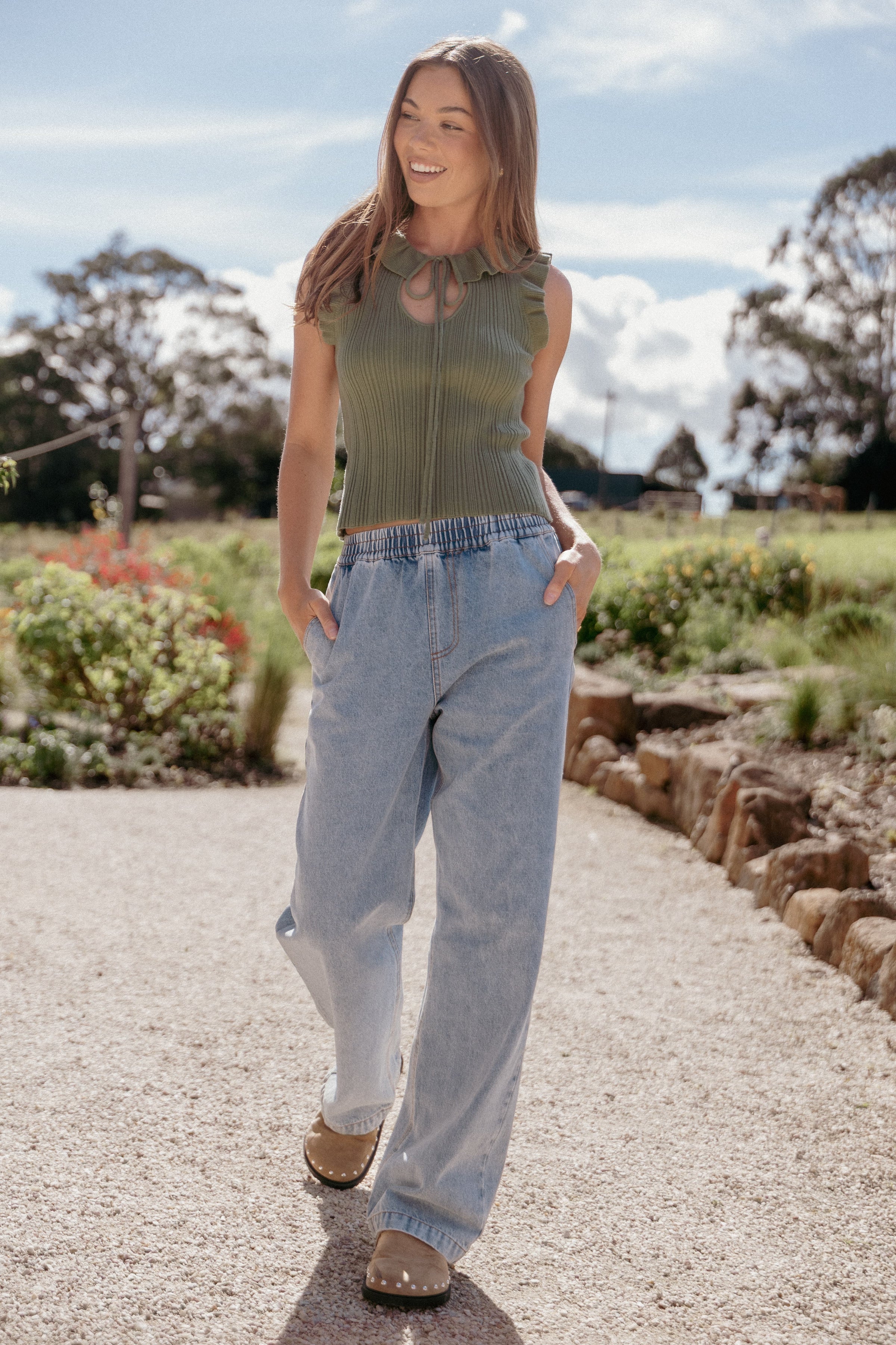 BOTTOMS Delana Elastic Waist Denim Jeans - Vintage Wash Blue