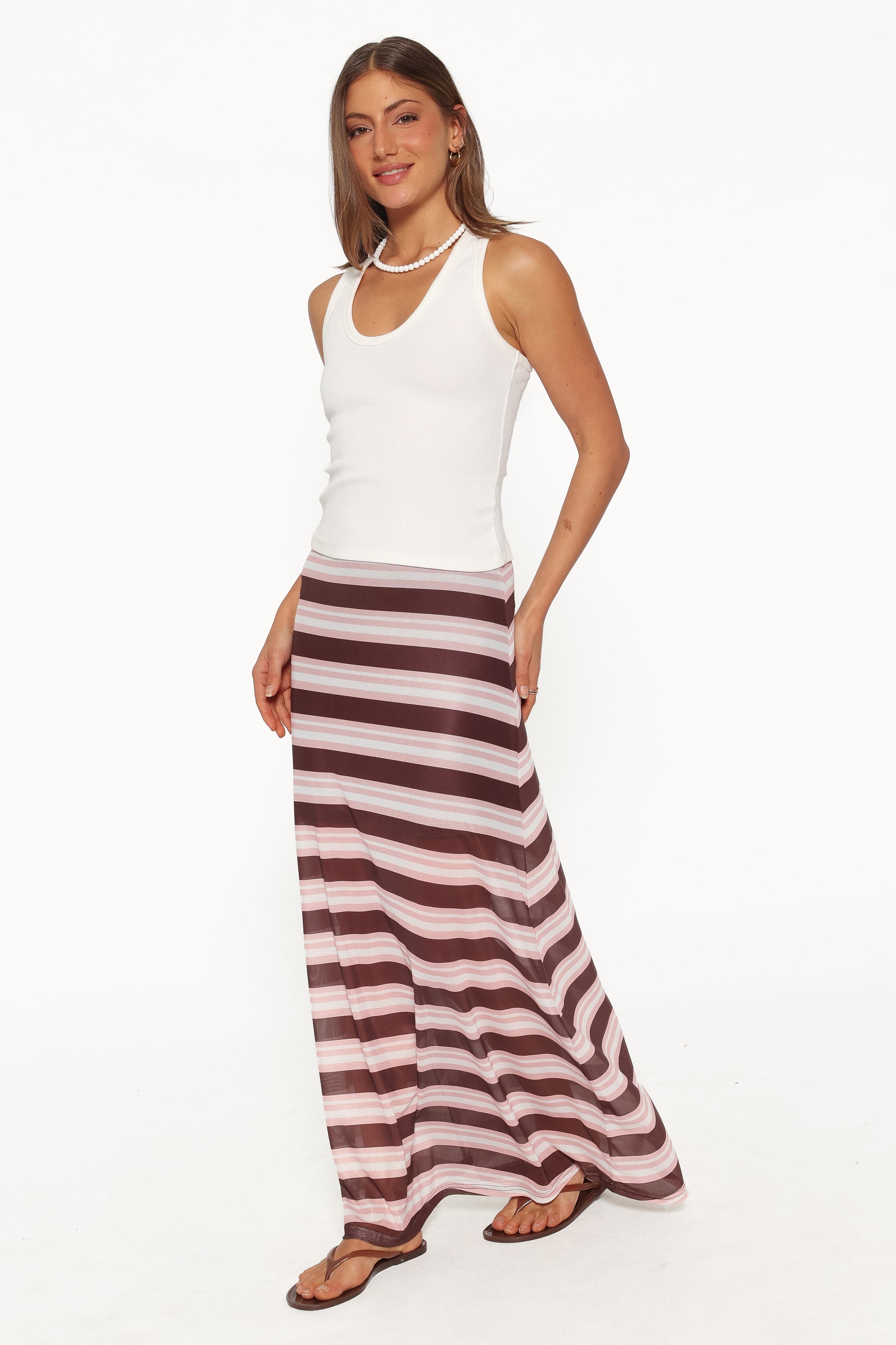BOTTOMS Dia Mesh Column Skirt - Pink/Brown Stripe