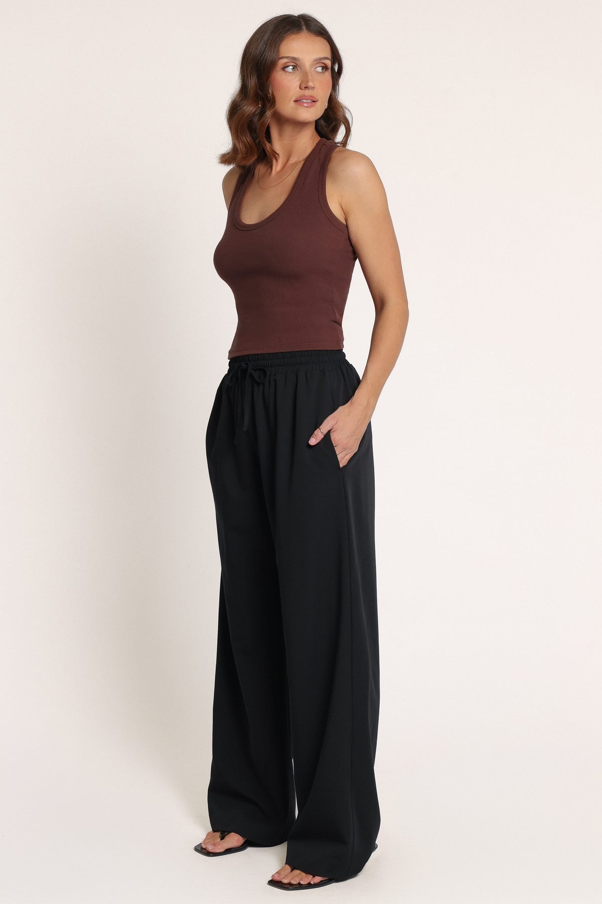 BOTTOMS Drapey Elastic Waist Wide Leg Pants - Black