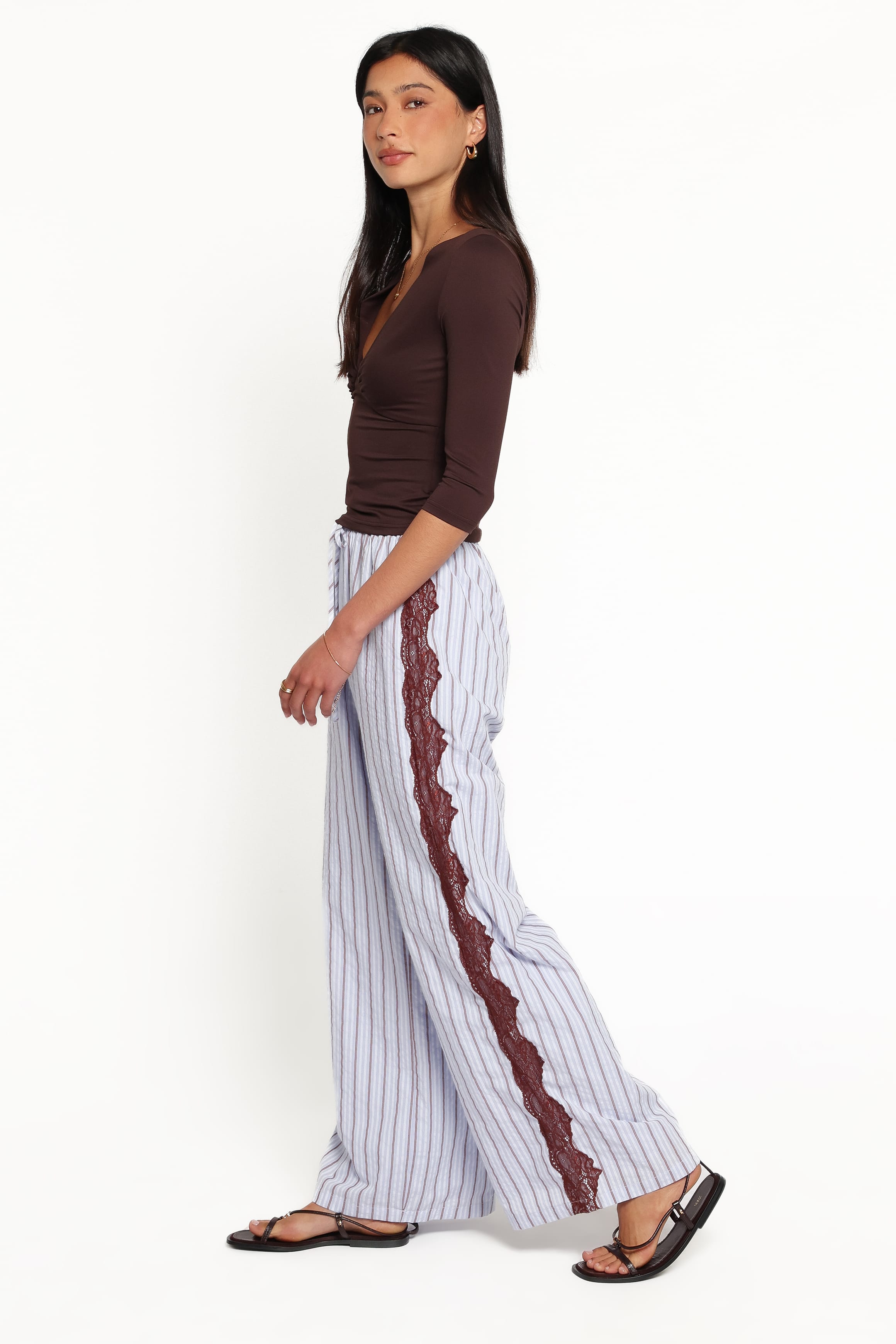 BOTTOMS Ellina Lace Contrast Wide Leg Pant - Blue Stripe