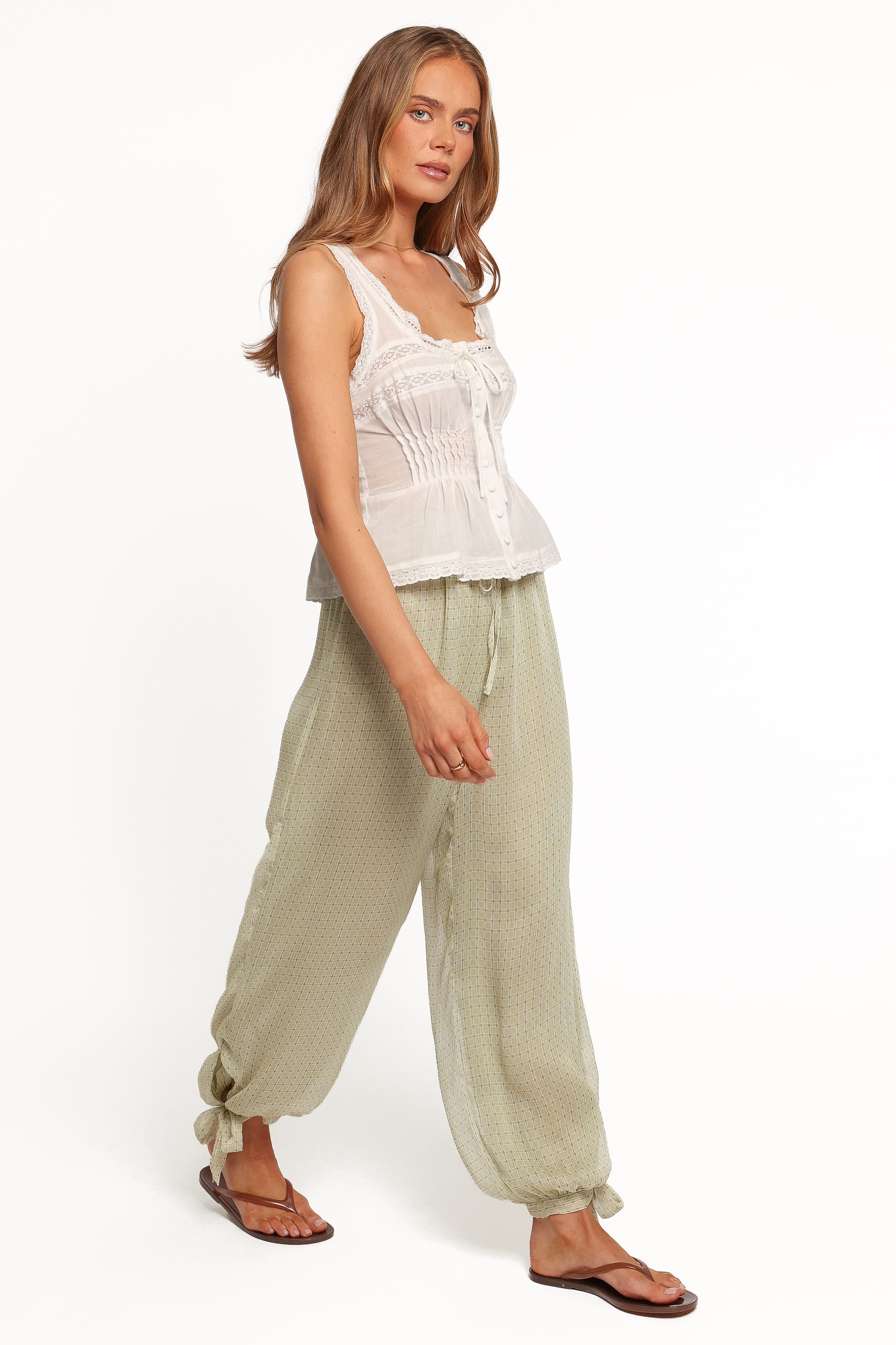 BOTTOMS Gina Chiffon Tie Pants - Green Geometric