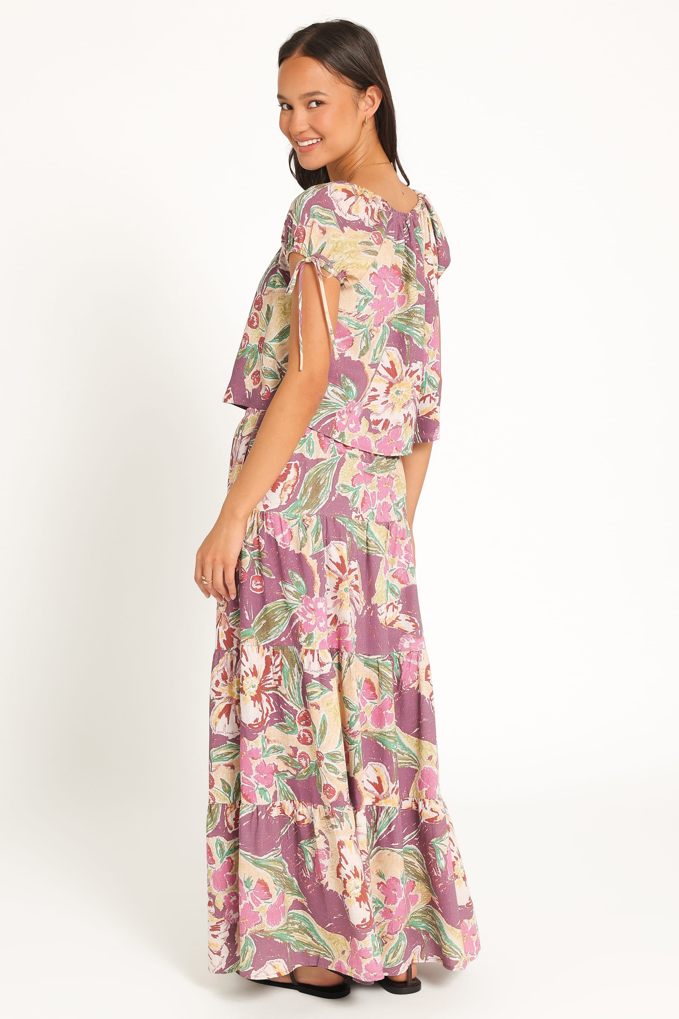 BOTTOMS Henley Tiered Maxi Skirt - Purple Floral