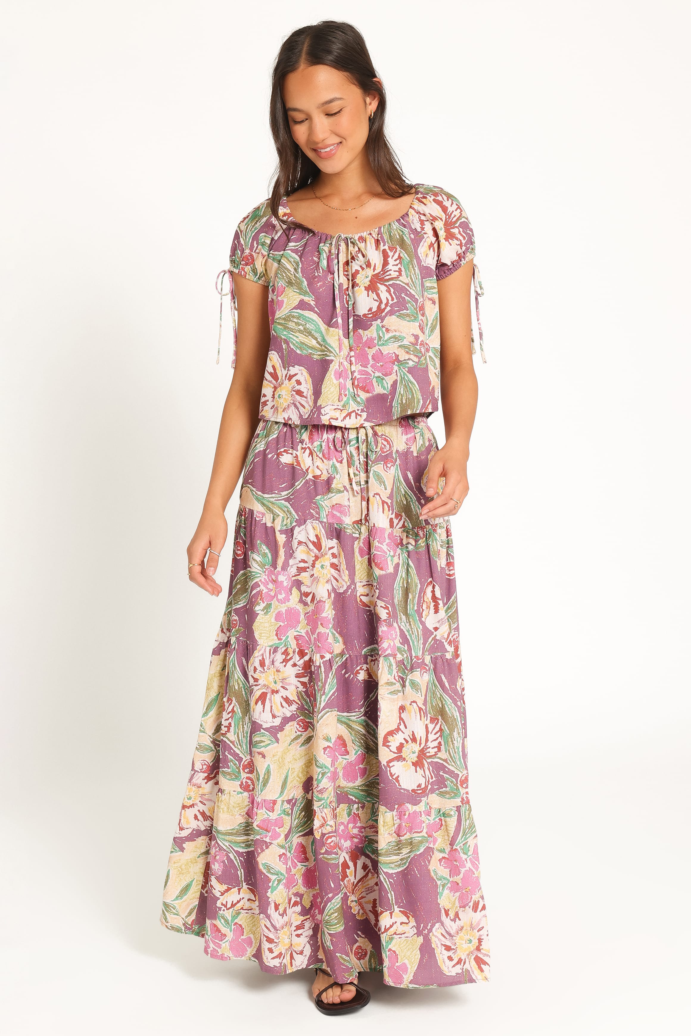 BOTTOMS Henley Tiered Maxi Skirt - Purple Floral