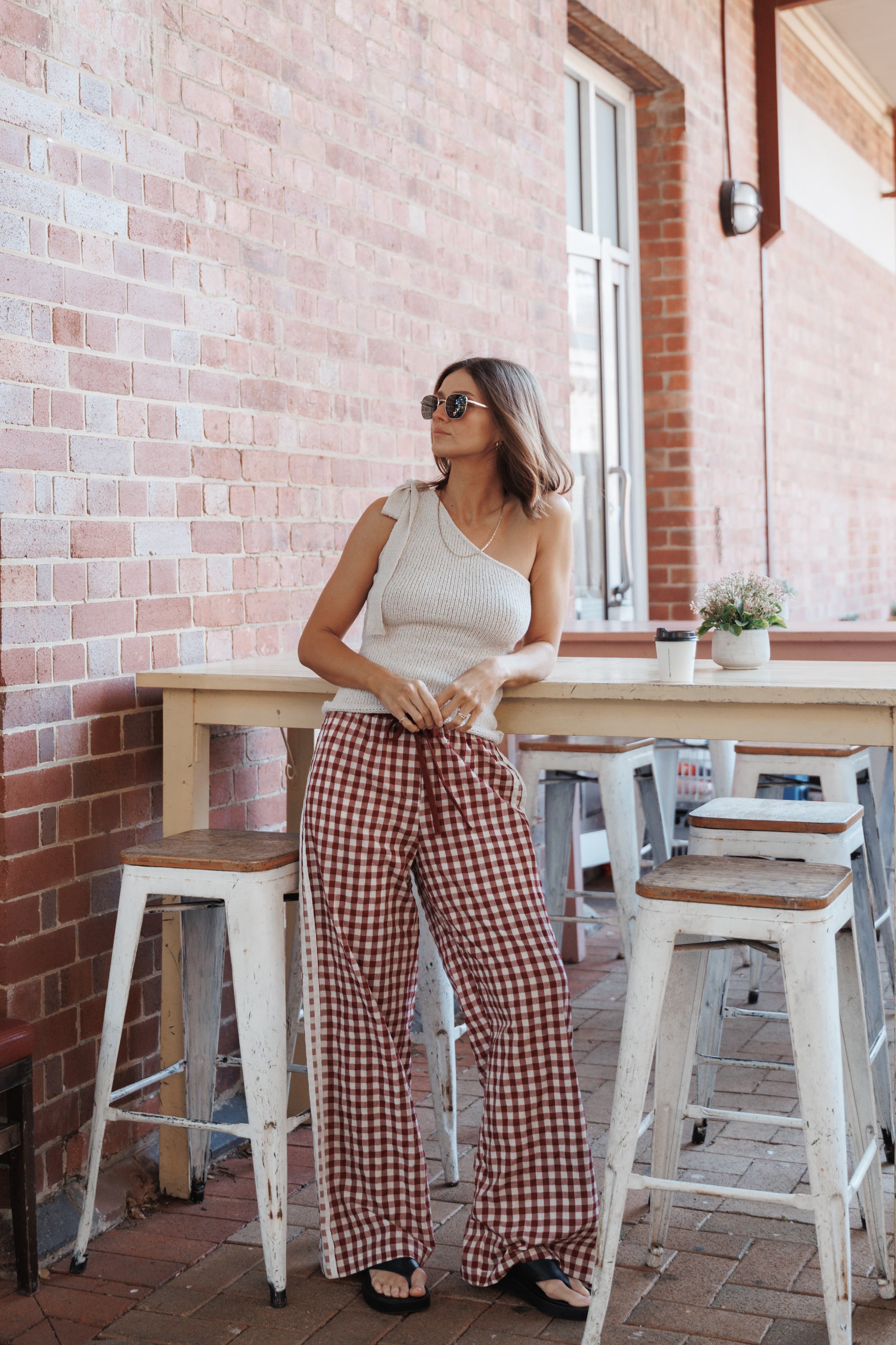 BOTTOMS Lawson Track Pants - Burgundy Gingham