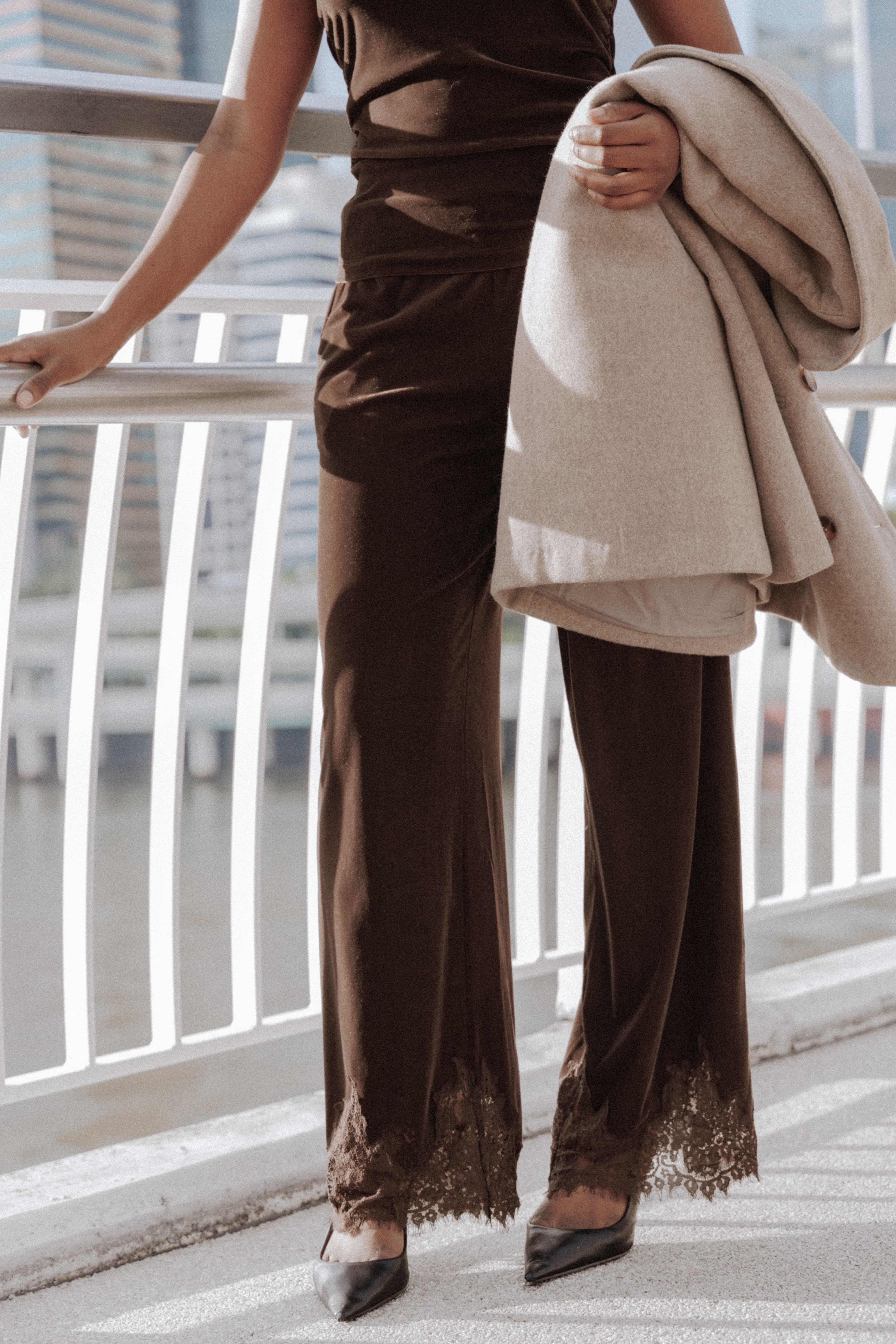 BOTTOMS Layton Wide Leg Lace Trim Pants - Chocolate Velvet