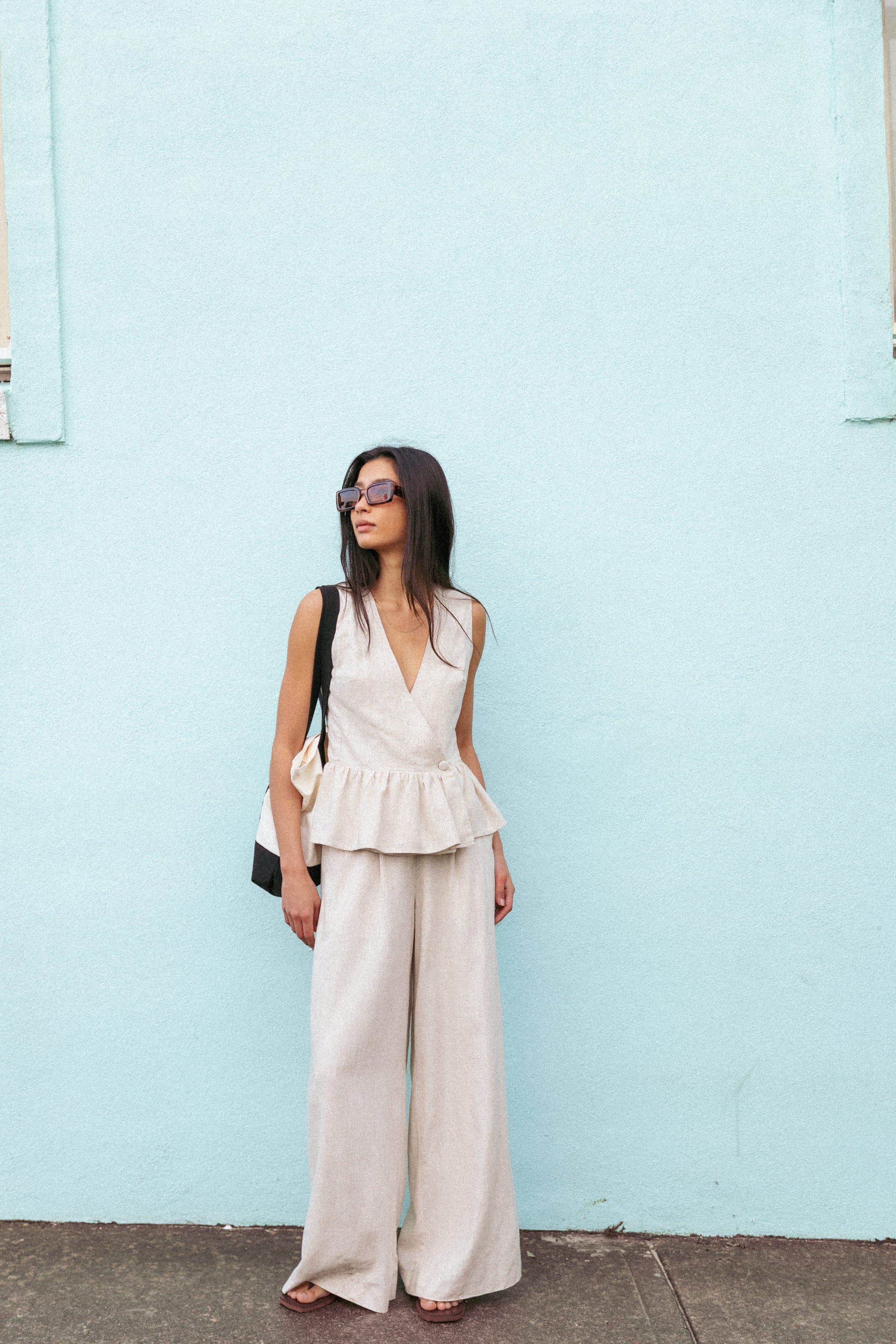 BOTTOMS Lorrie Wide Leg Linen Blend Pants - Oatmeal