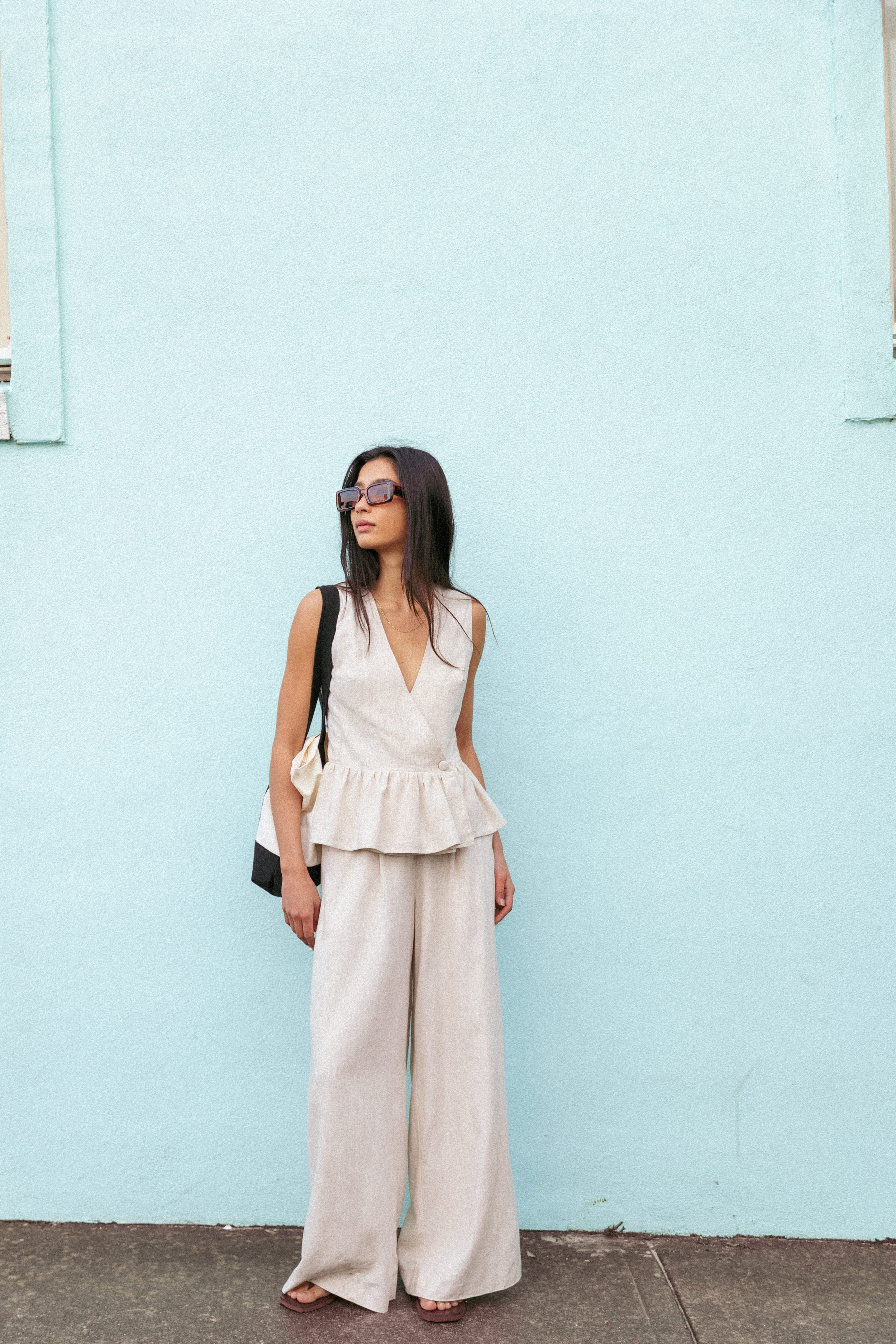 BOTTOMS Lorrie Wide Leg Linen Blend Pants - Oatmeal