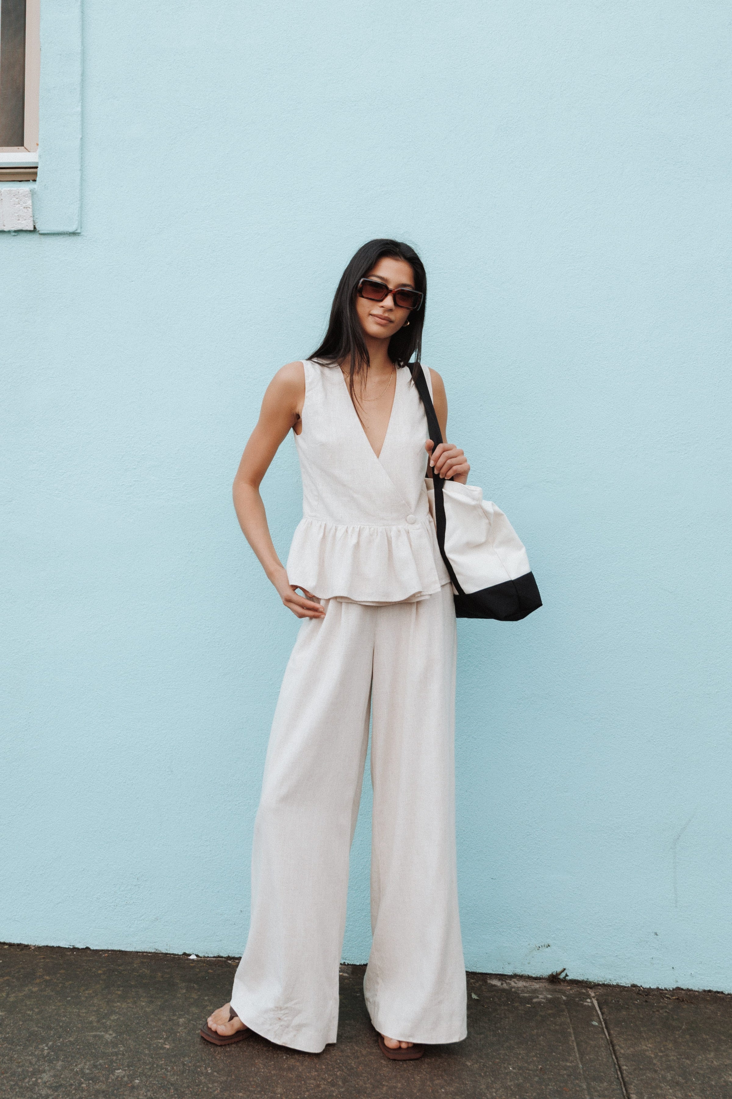 BOTTOMS Lorrie Wide Leg Linen Blend Pants - Oatmeal