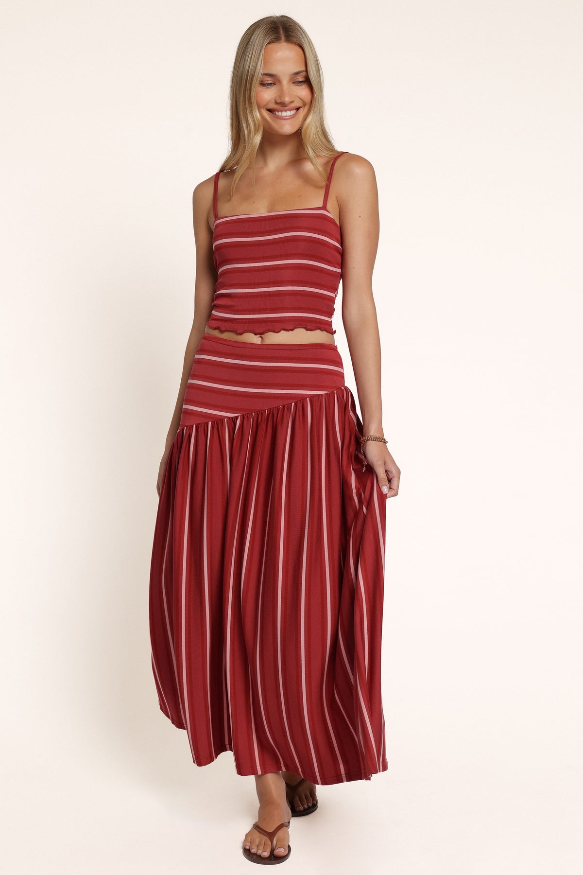 BOTTOMS Merlita Asymmetric Maxi Skirt - Red Stripe