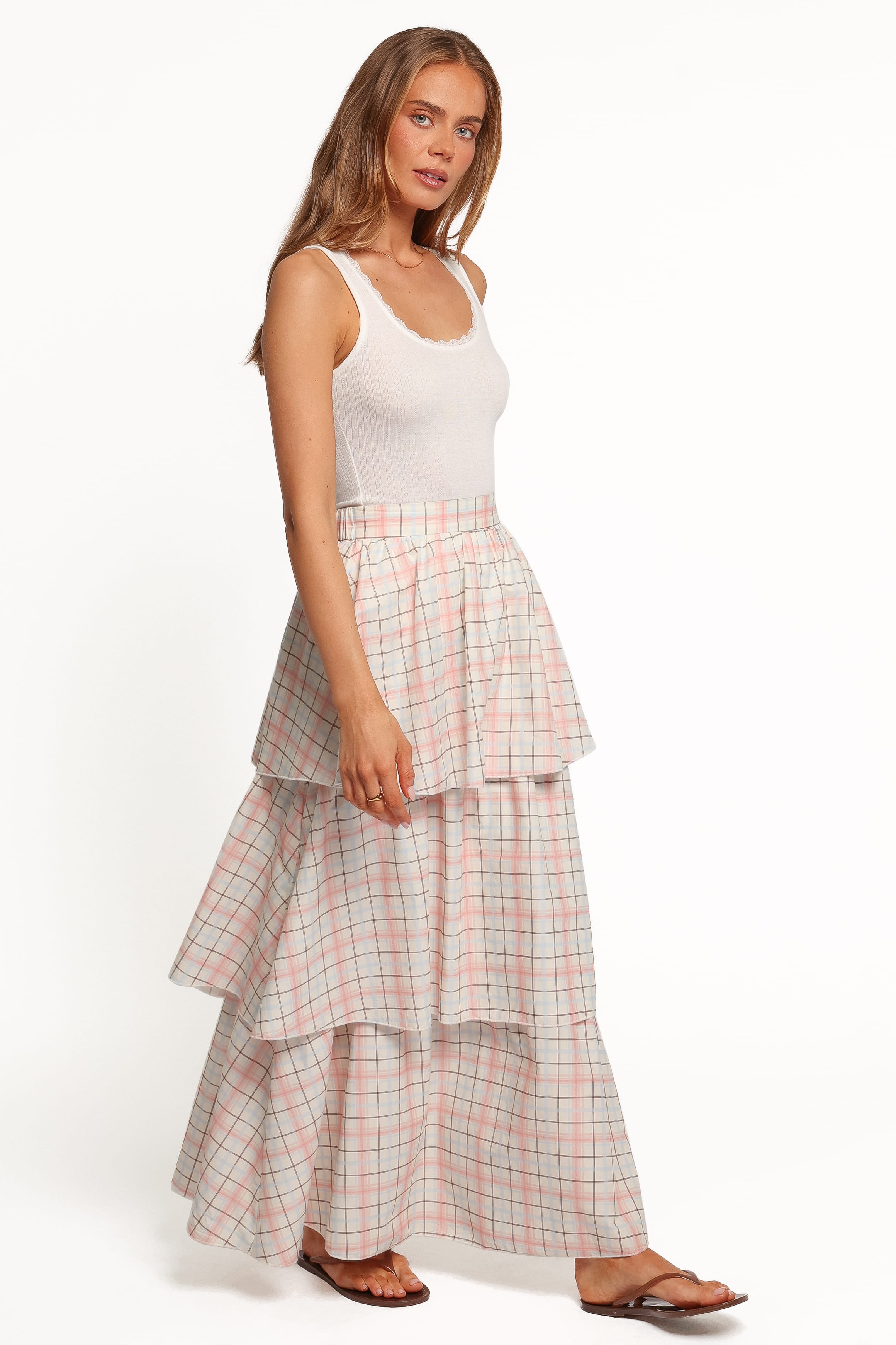 BOTTOMS Nyah Tiered Maxi Skirt - Pale Pink Plaid