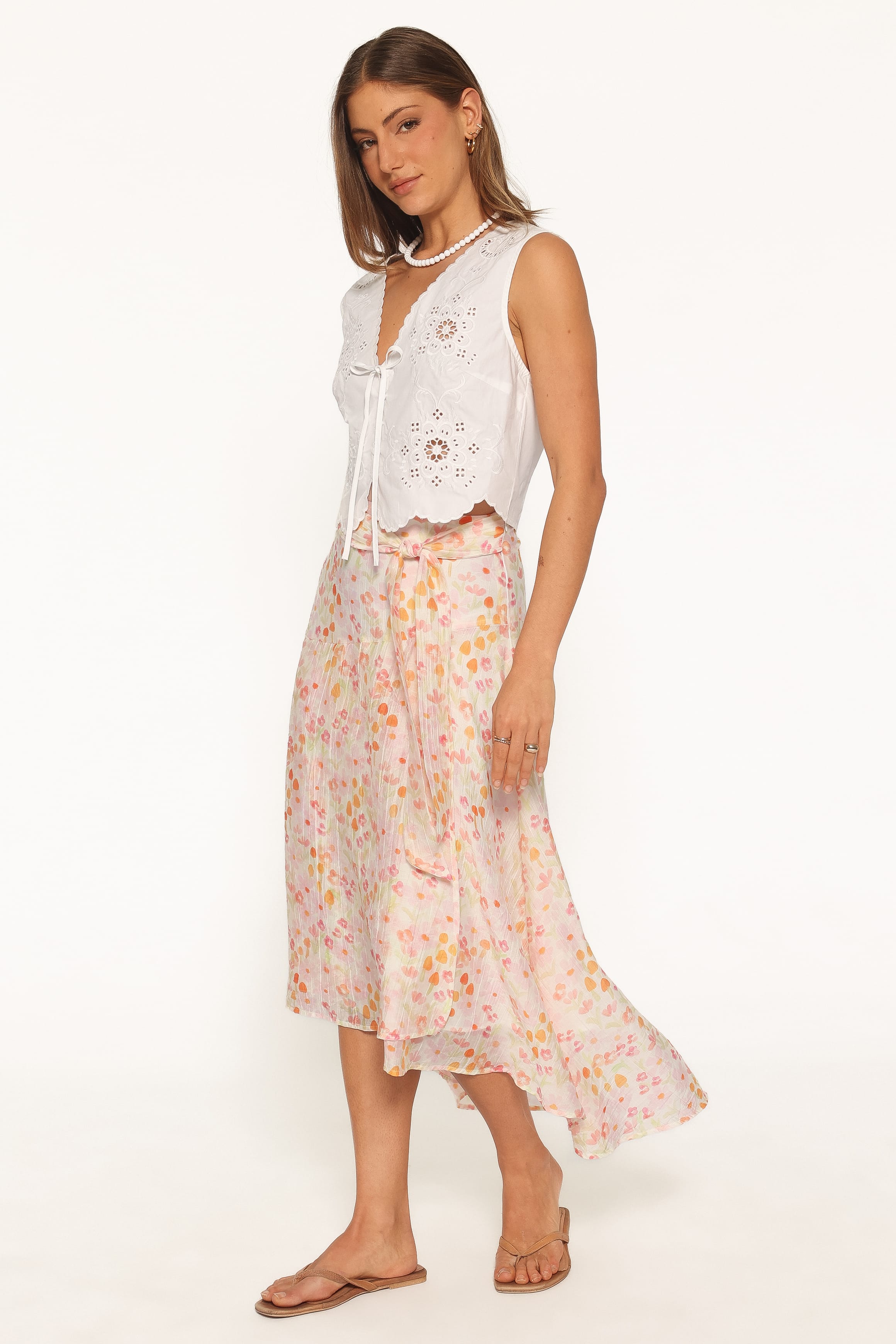 BOTTOMS Pollie Tie Front Midi Skirt - Pink Floral