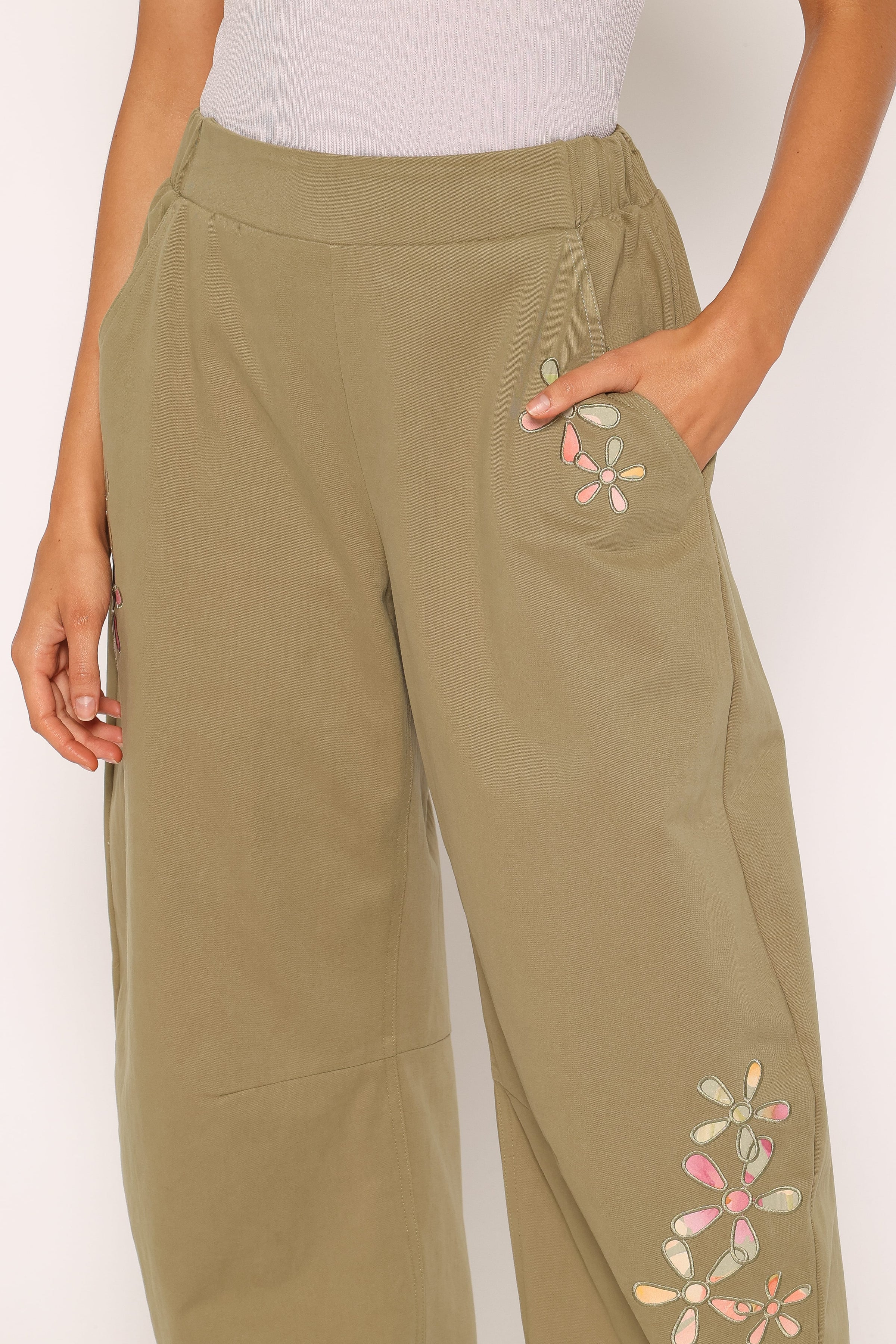 BOTTOMS Telena Barrel Leg Pants - Olive Green Patchwork