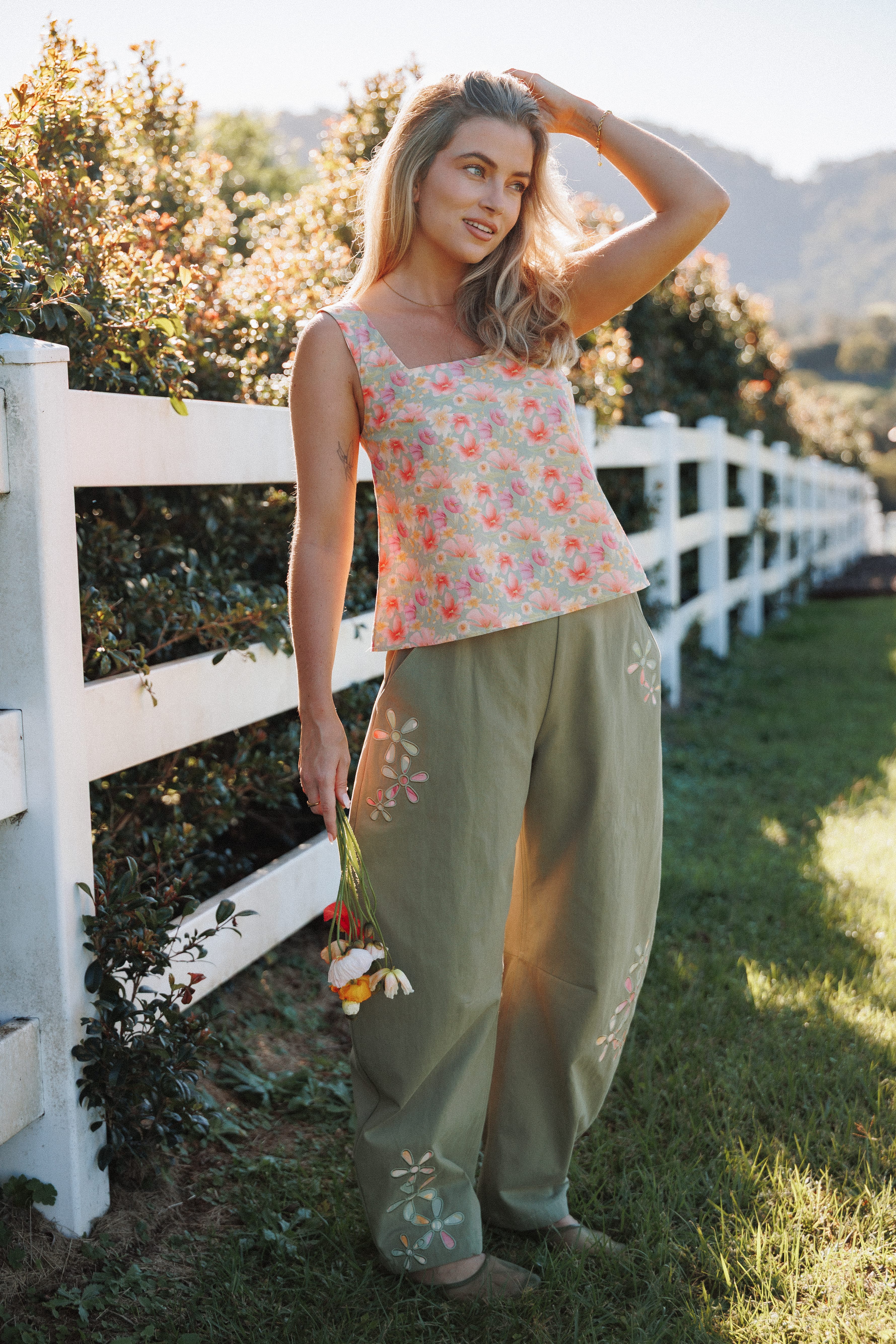 BOTTOMS Telena Barrel Leg Pants - Olive Green Patchwork