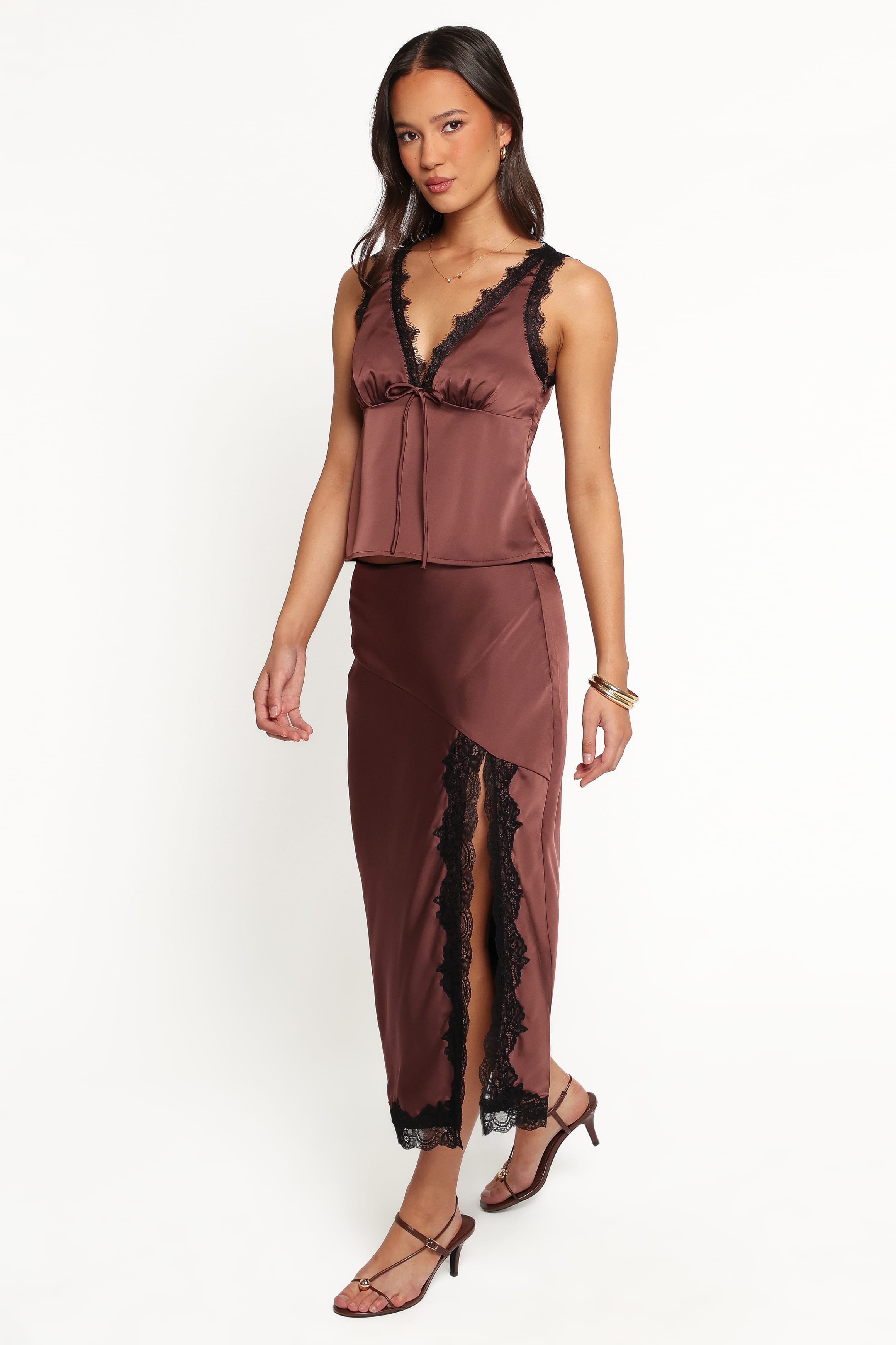 BOTTOMS Theoni Slit Front Lace Trim Skirt - Brown