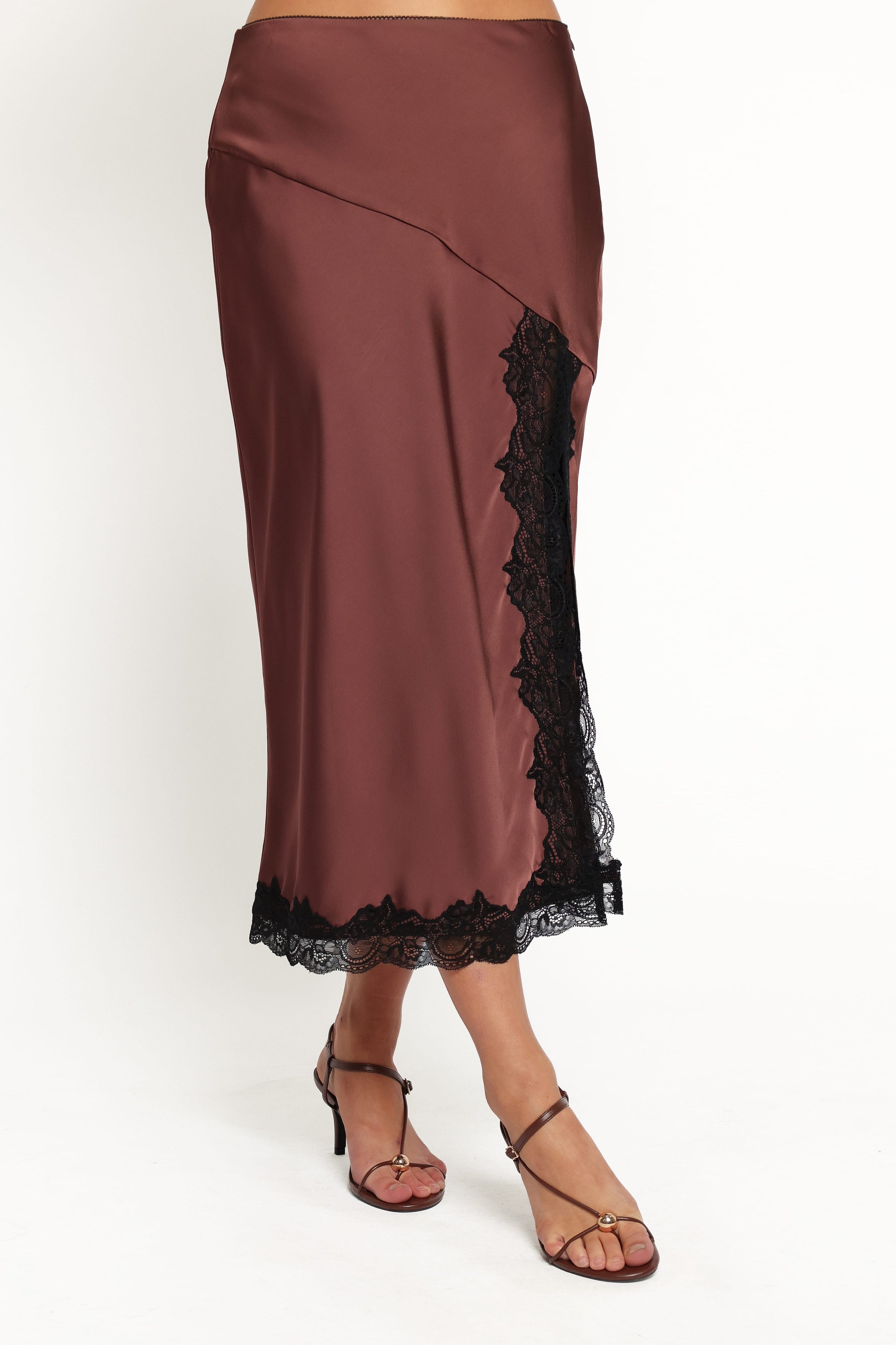 BOTTOMS Theoni Slit Front Lace Trim Skirt - Brown