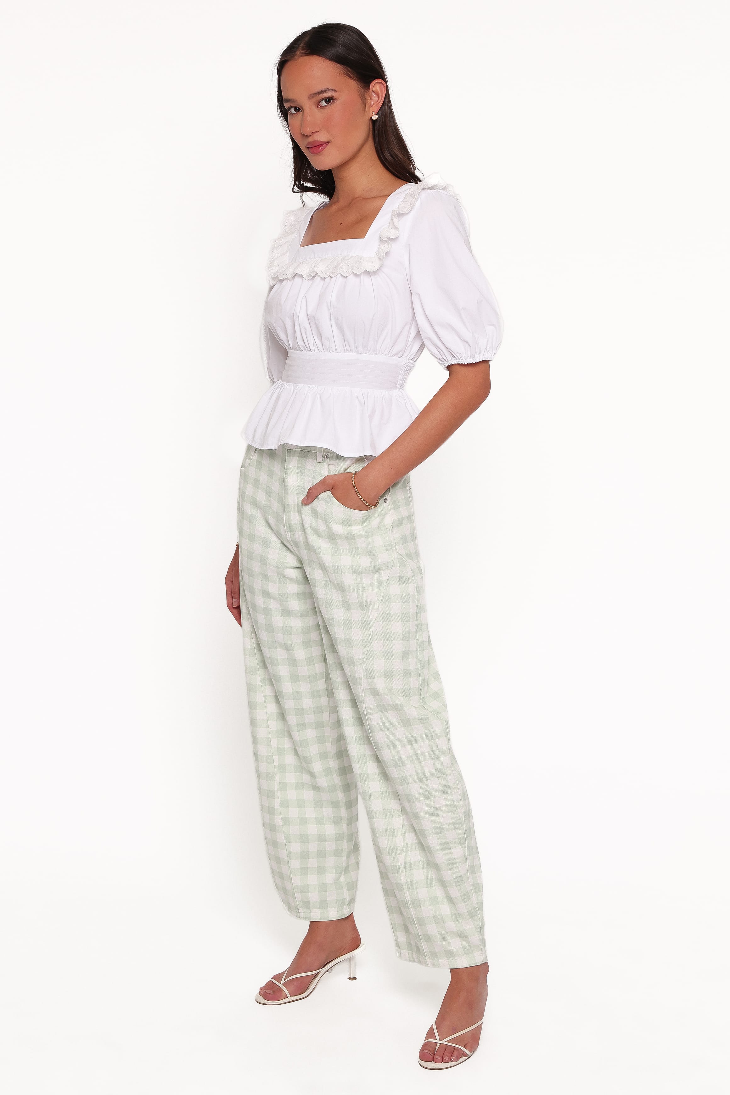 BOTTOMS Tulsi Barrel Leg Jeans - Sage Plaid