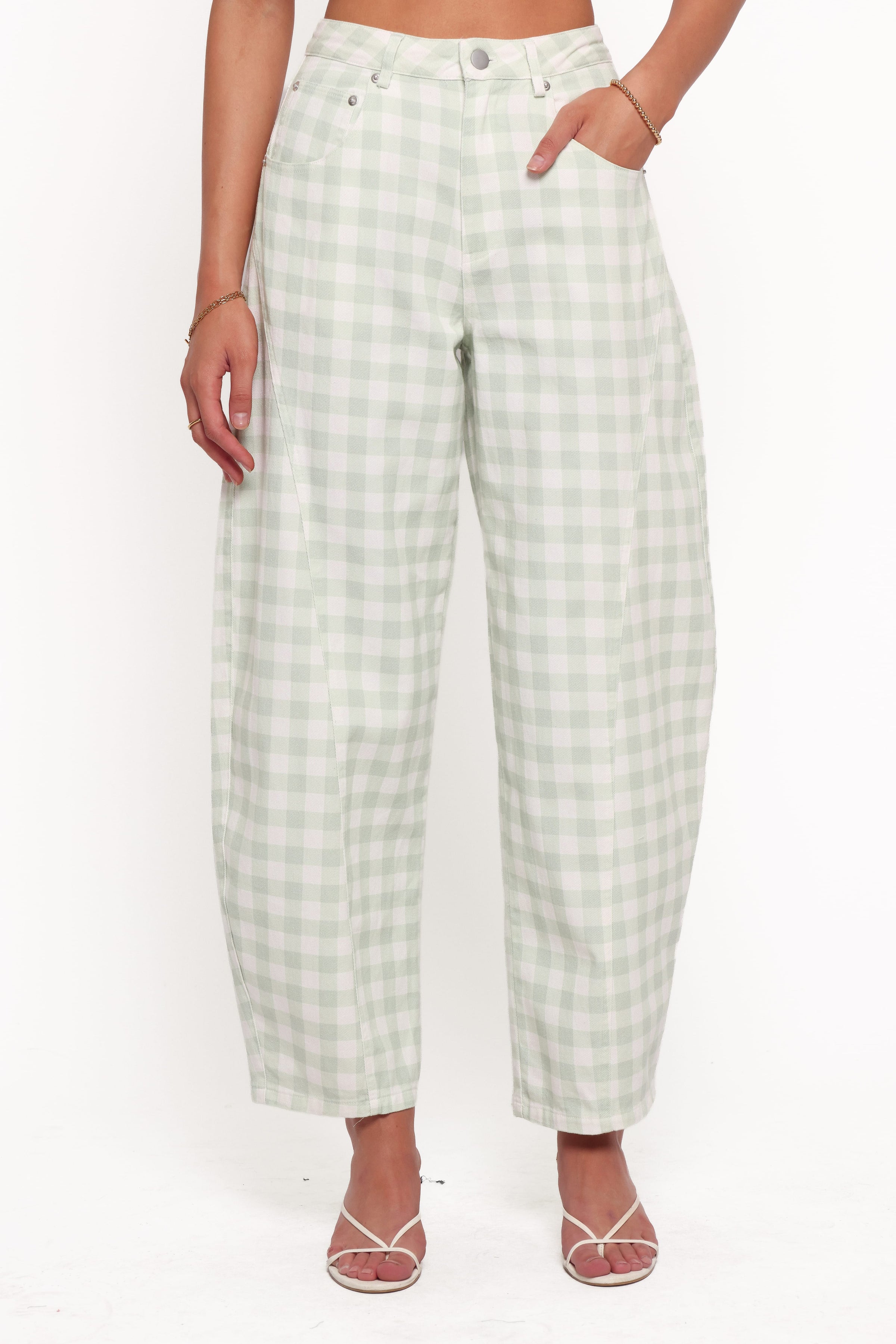 BOTTOMS Tulsi Barrel Leg Jeans - Sage Plaid