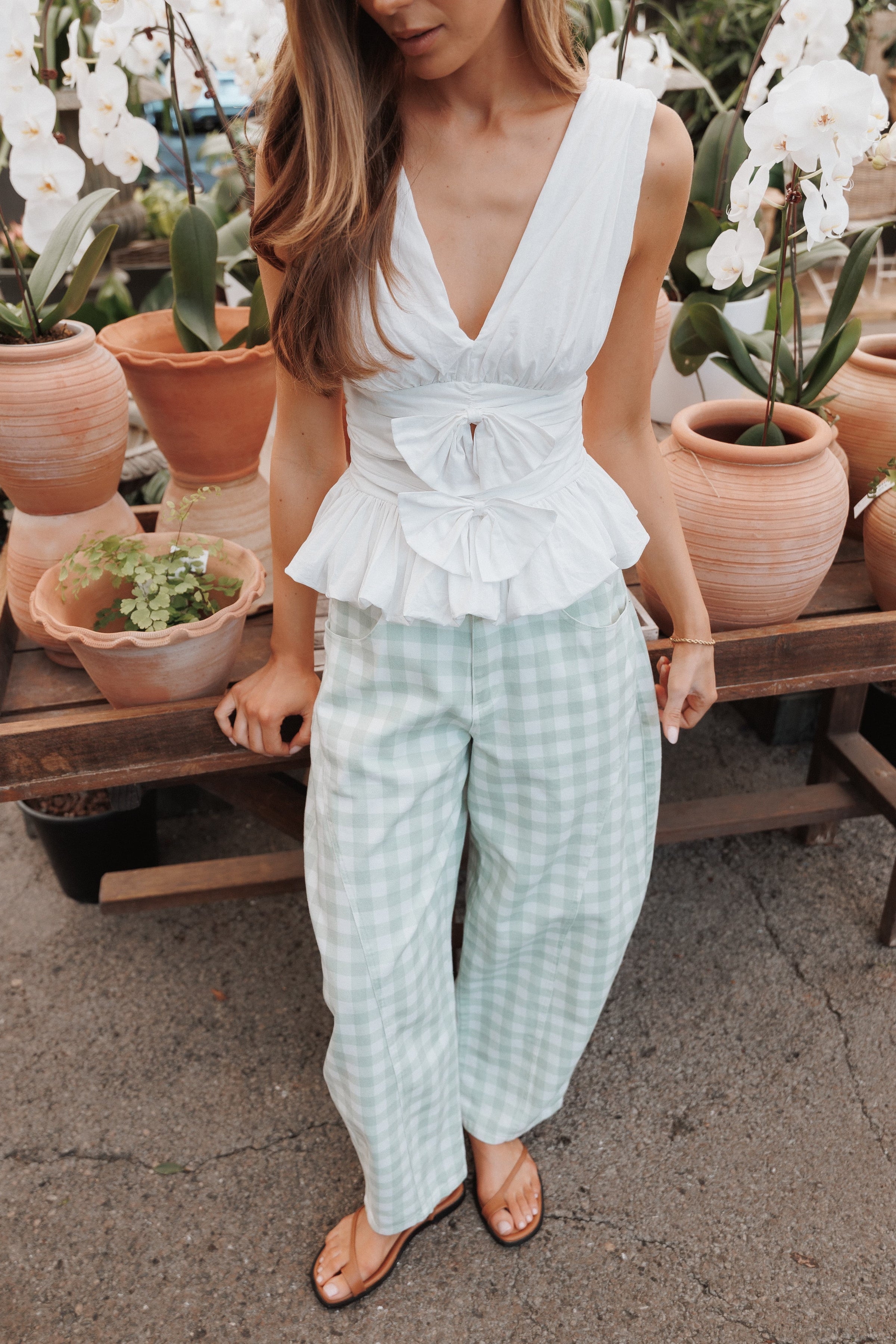 BOTTOMS Tulsi Barrel Leg Jeans - Sage Plaid
