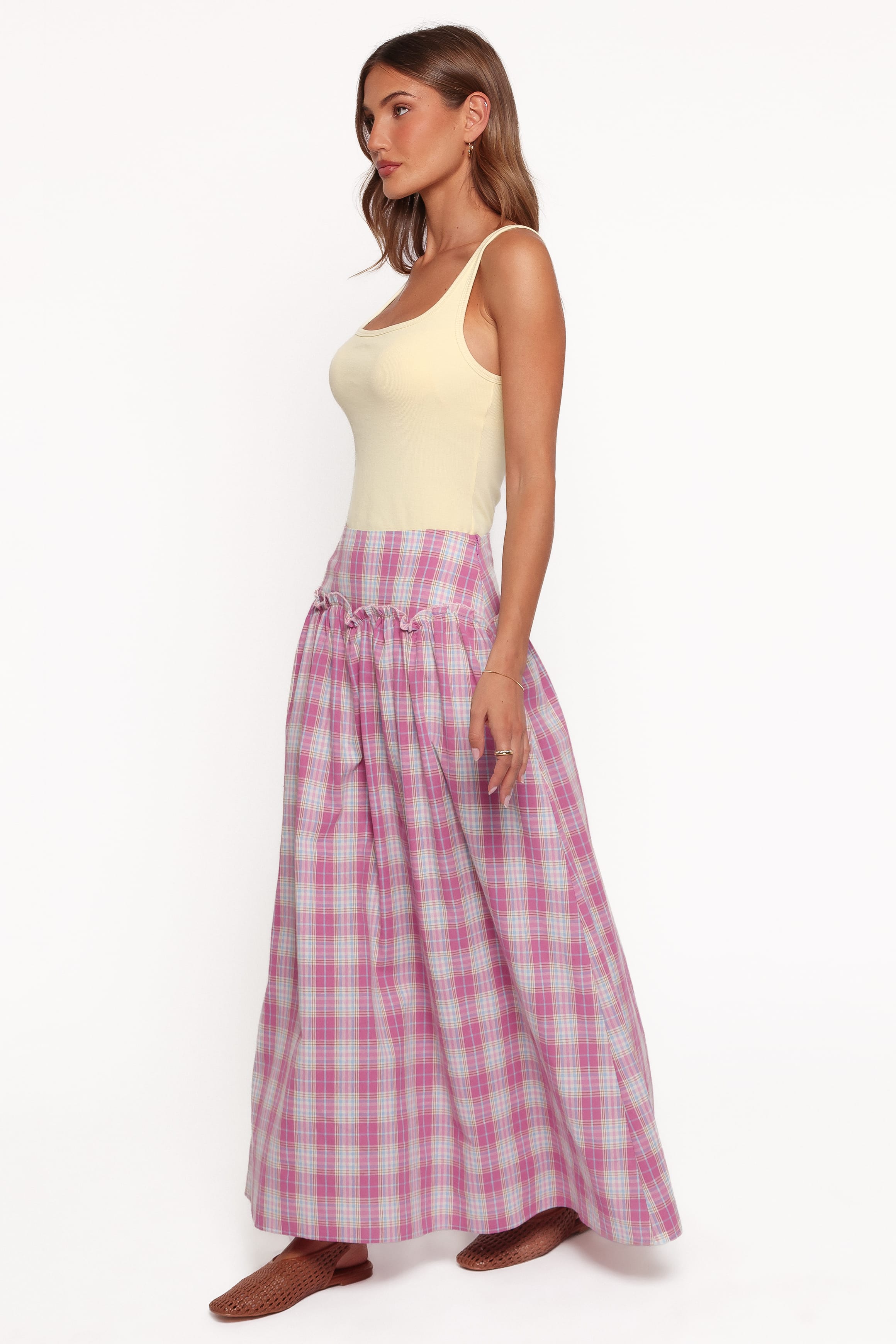 BOTTOMS Tyler Drop Waist Maxi Skirt - Pink Plaid