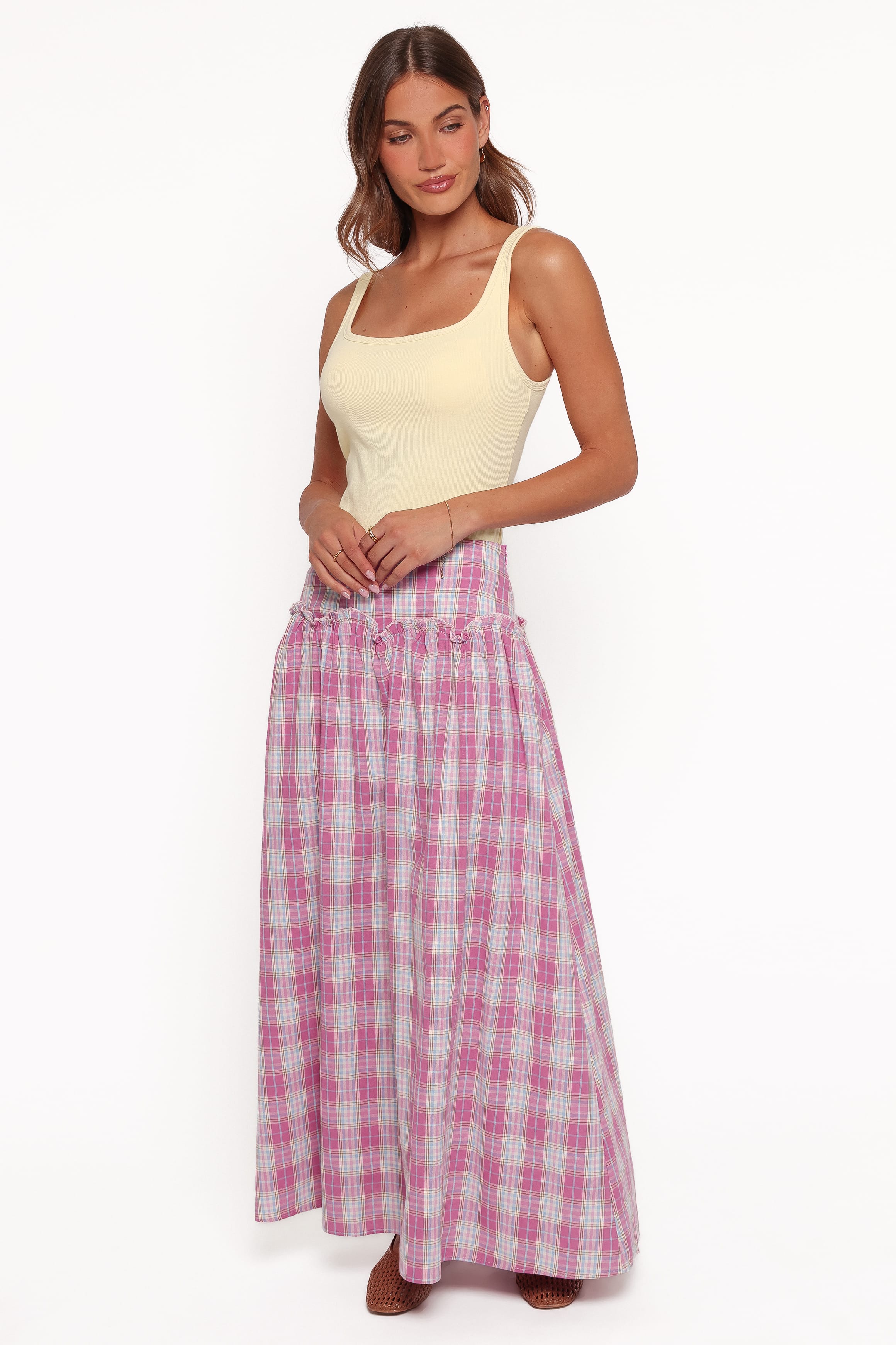 BOTTOMS Tyler Drop Waist Maxi Skirt - Pink Plaid