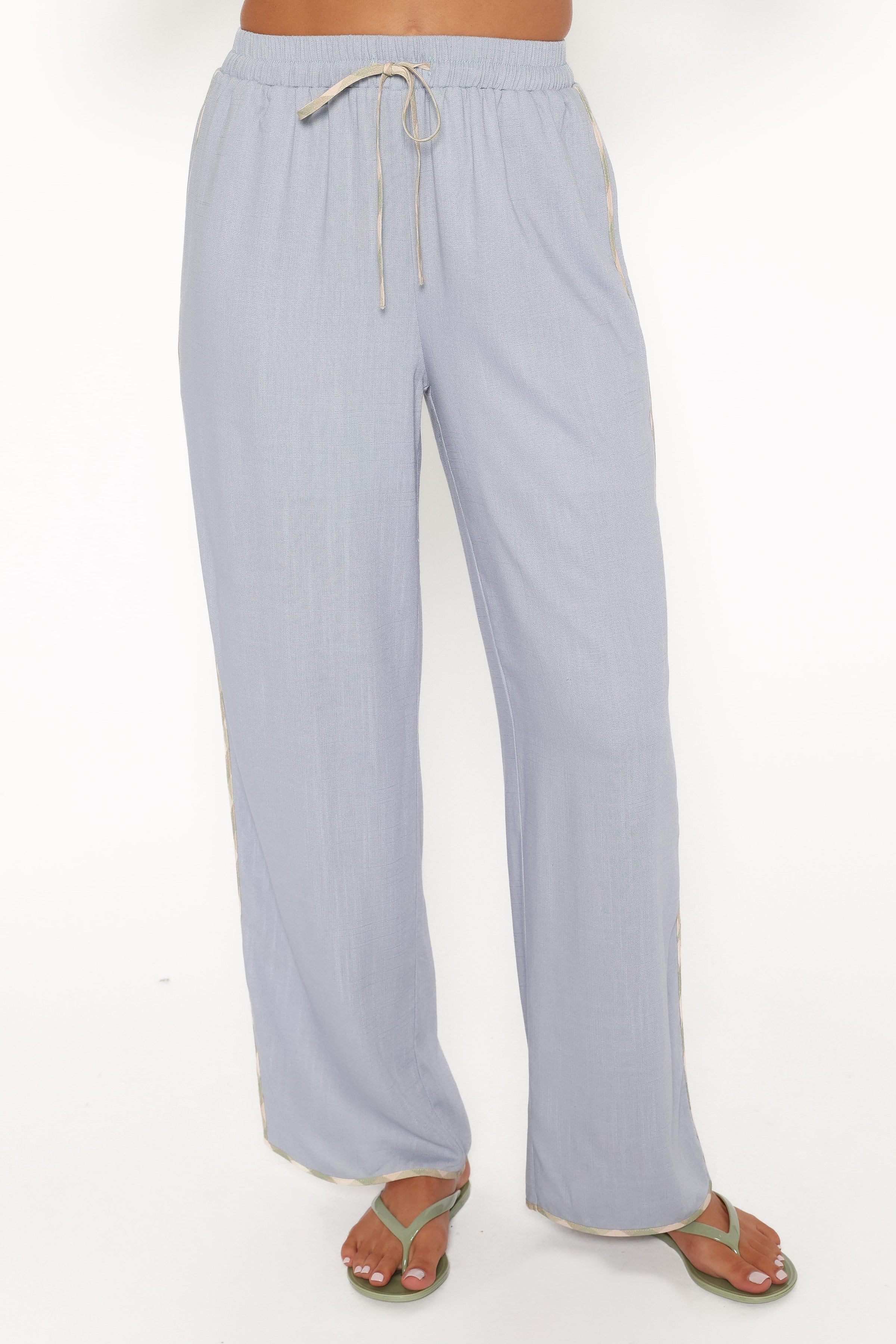 BOTTOMS Venda Contrast Trim Pants - Light Blue Linen