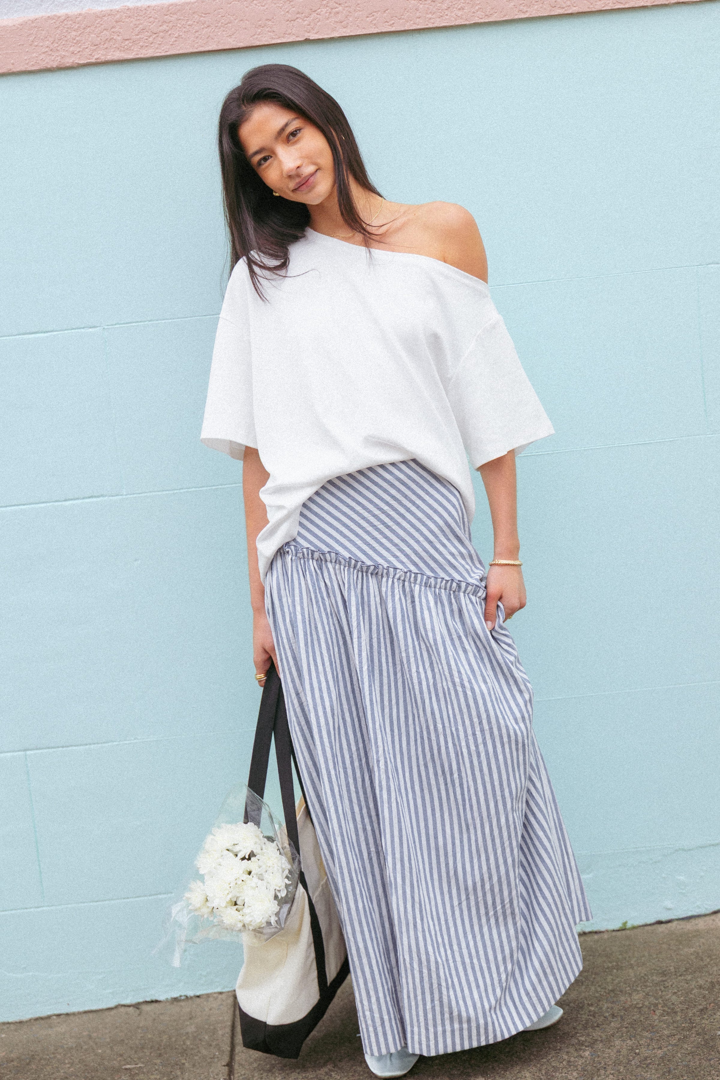 BOTTOMS Vina Basque Frill Maxi Skirt - Blue/White Stripe