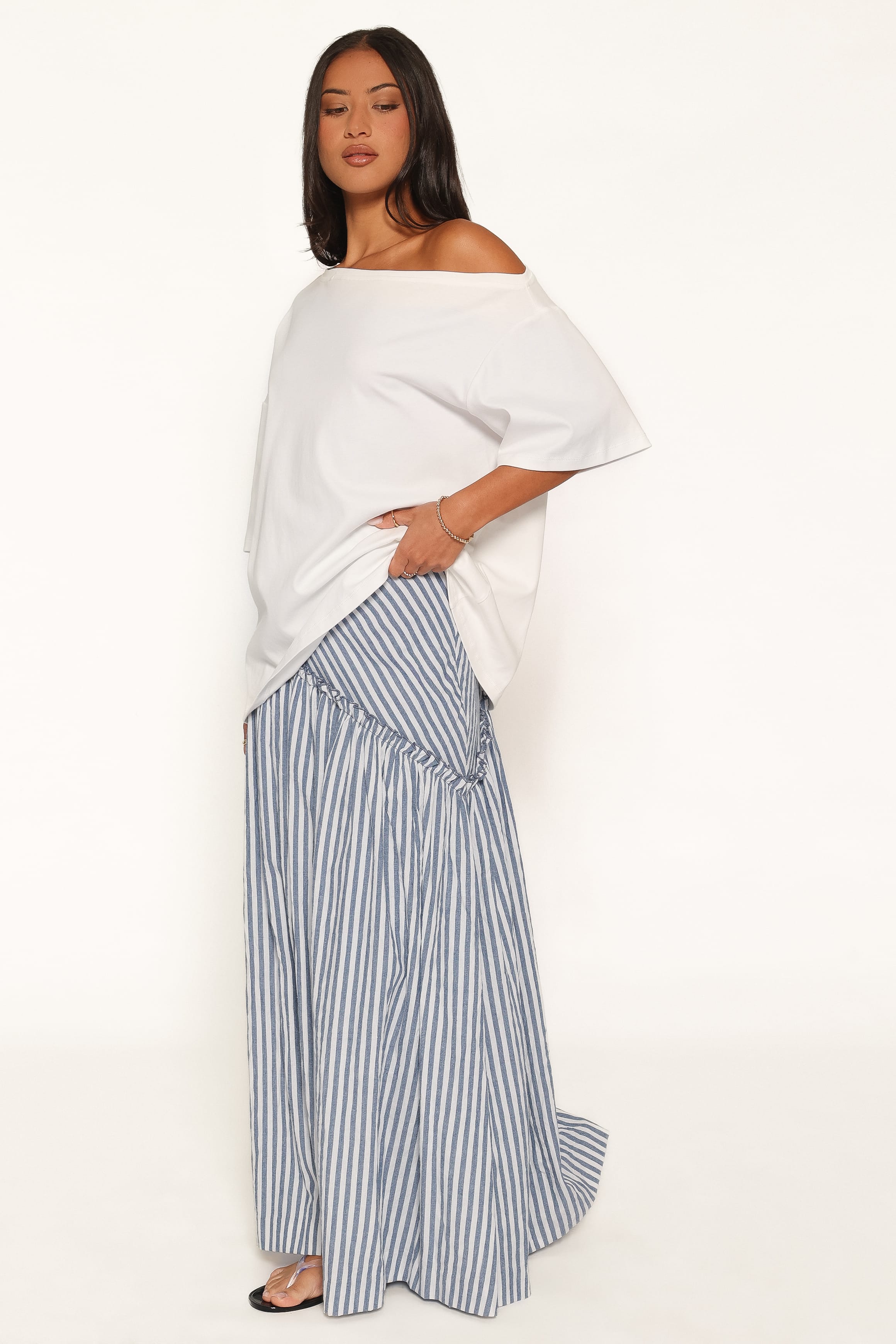 BOTTOMS Vina Basque Frill Maxi Skirt - Blue/White Stripe
