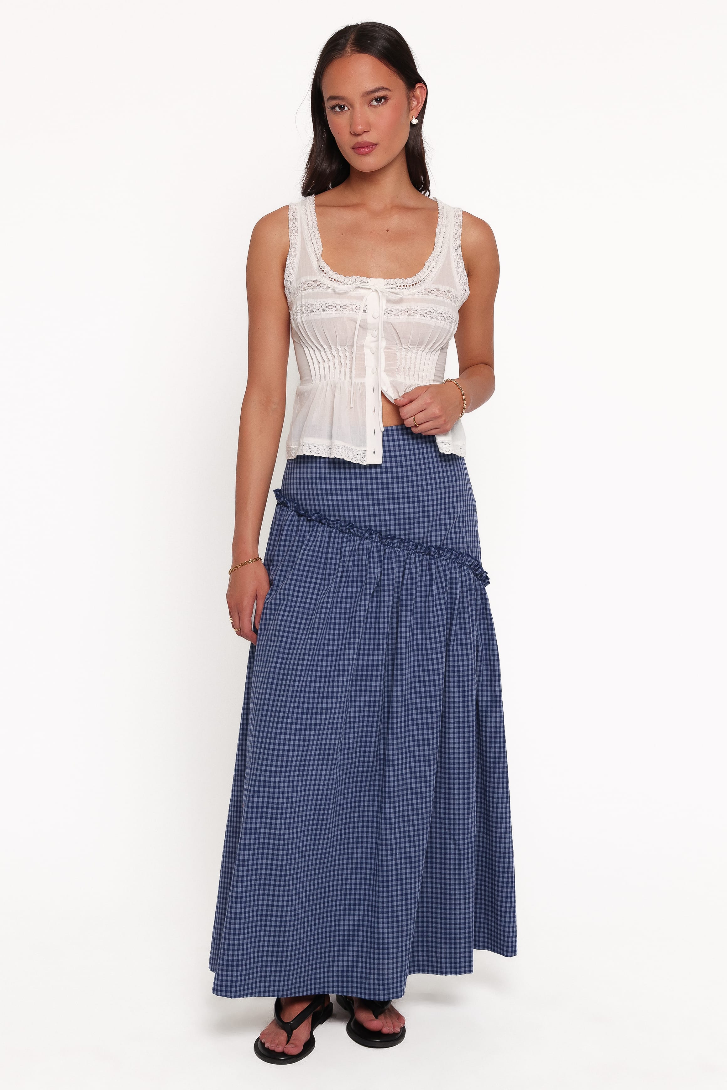 BOTTOMS Vina Basque Frill Maxi Skirt - Navy Gingham