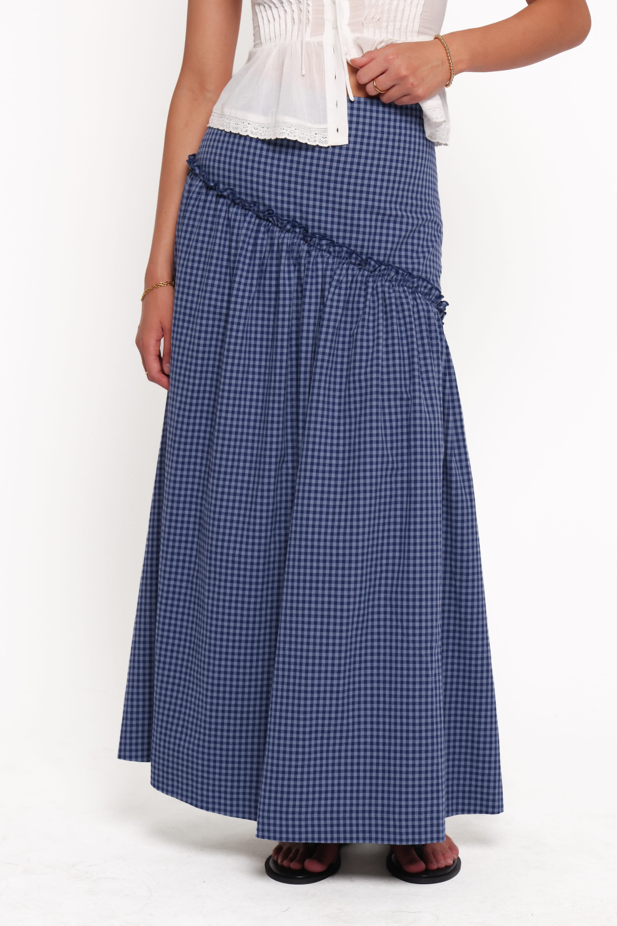 BOTTOMS Vina Basque Frill Maxi Skirt - Navy Gingham