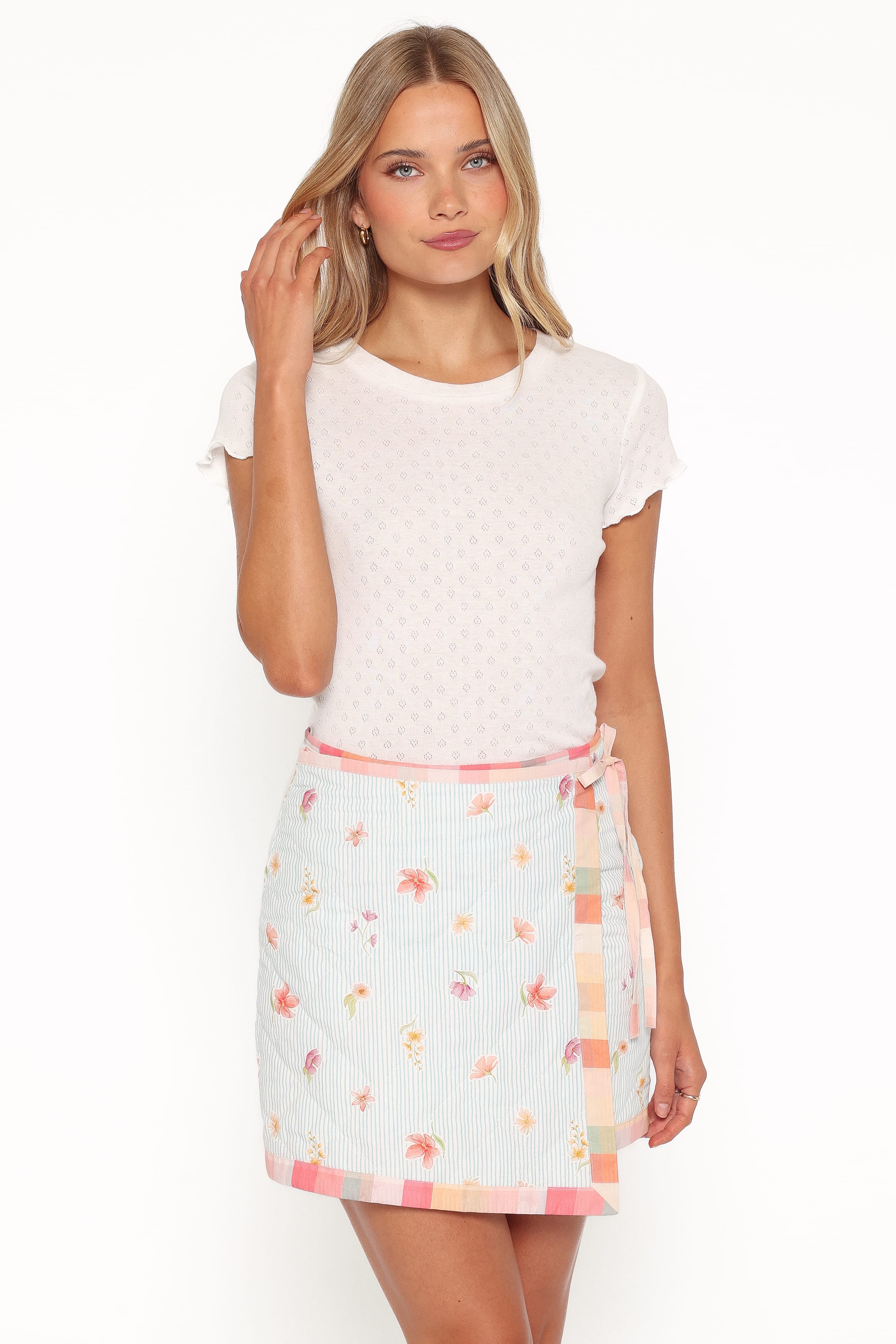 BOTTOMS Yana Faux Wrap Quilted Mini Skirt - Blue Garden Stripe
