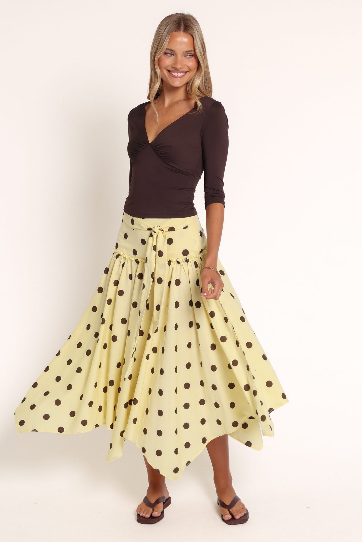 BOTTOMS Zodie Hanky Hem Midi Skirt - Yellow Dot