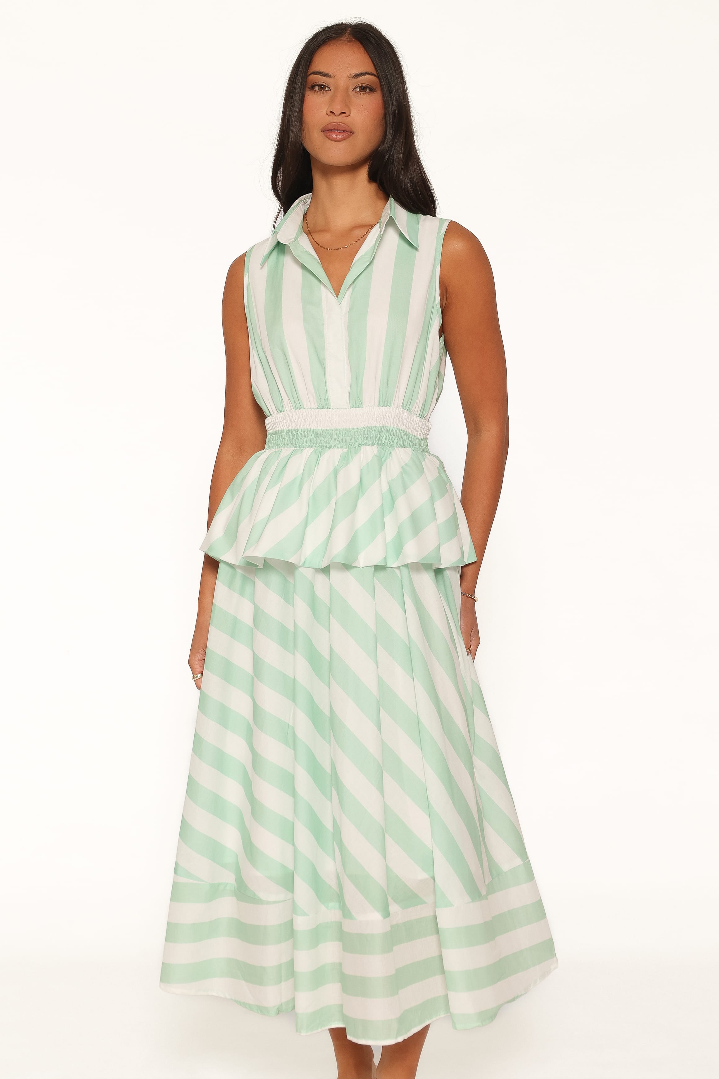 DRESSES Alayna Peplum Midi Dress - Green/White Stripe
