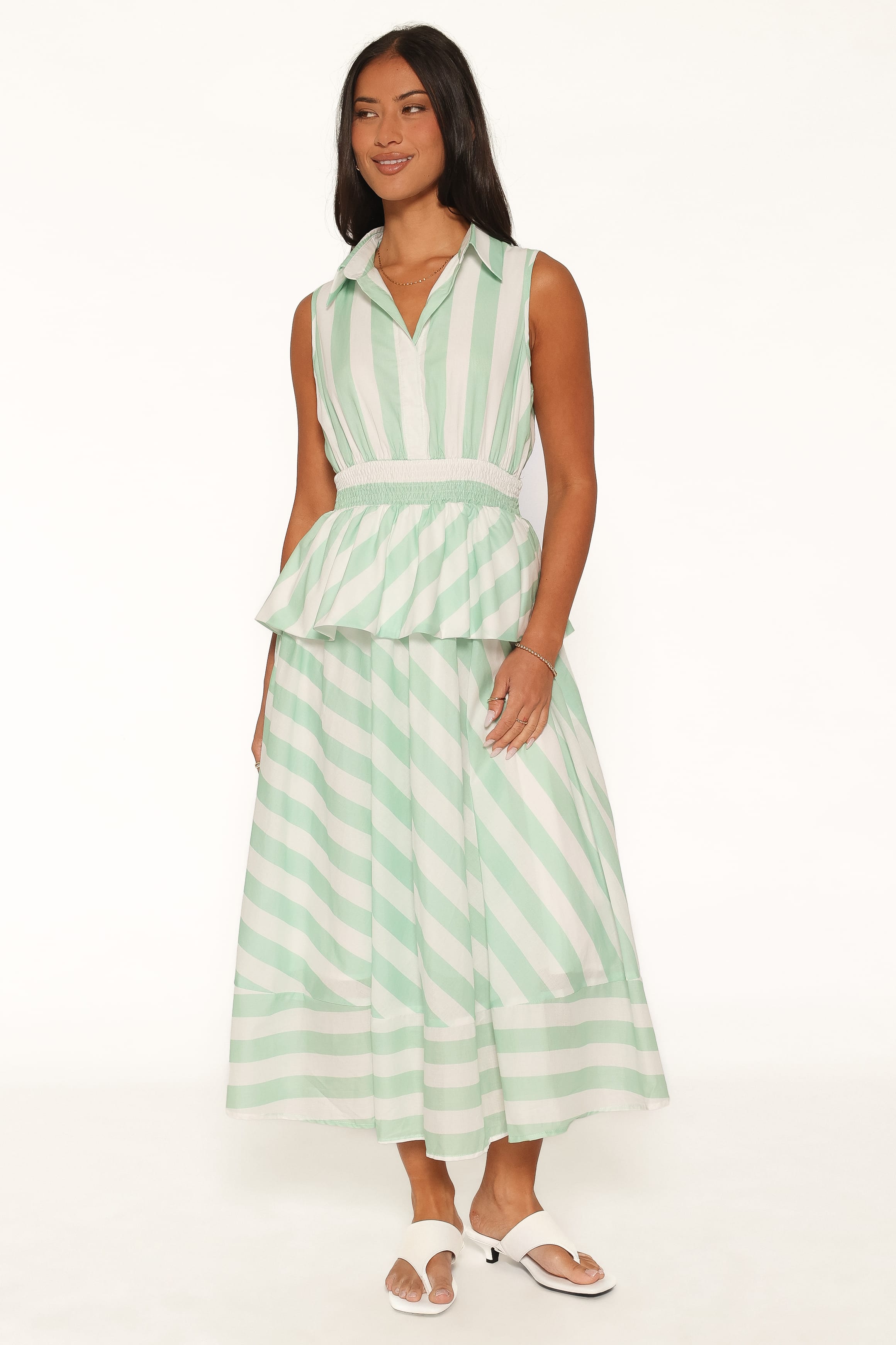 DRESSES Alayna Peplum Midi Dress - Green/White Stripe