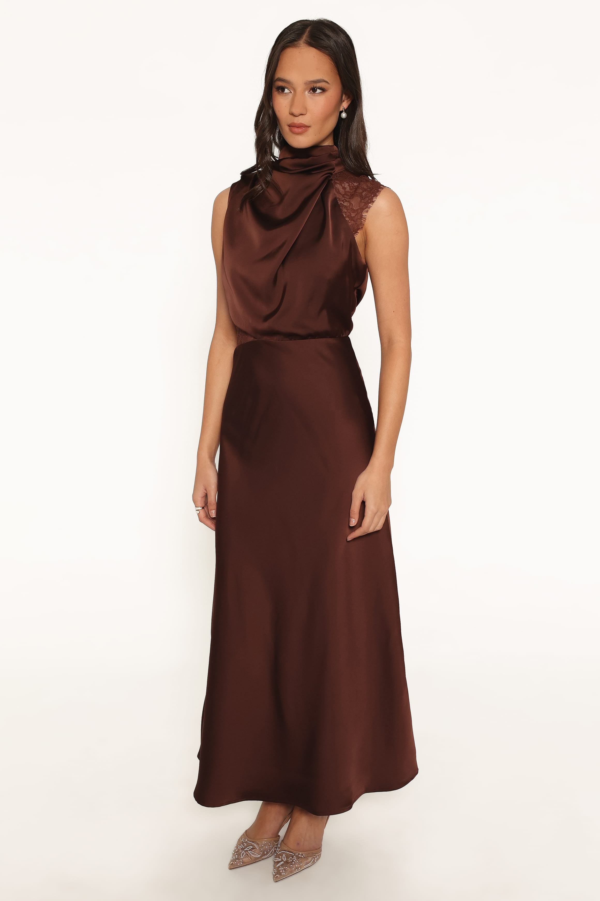 DRESSES Anabelle Halter Neck Lace Maxi Dress - Chocolate Brown