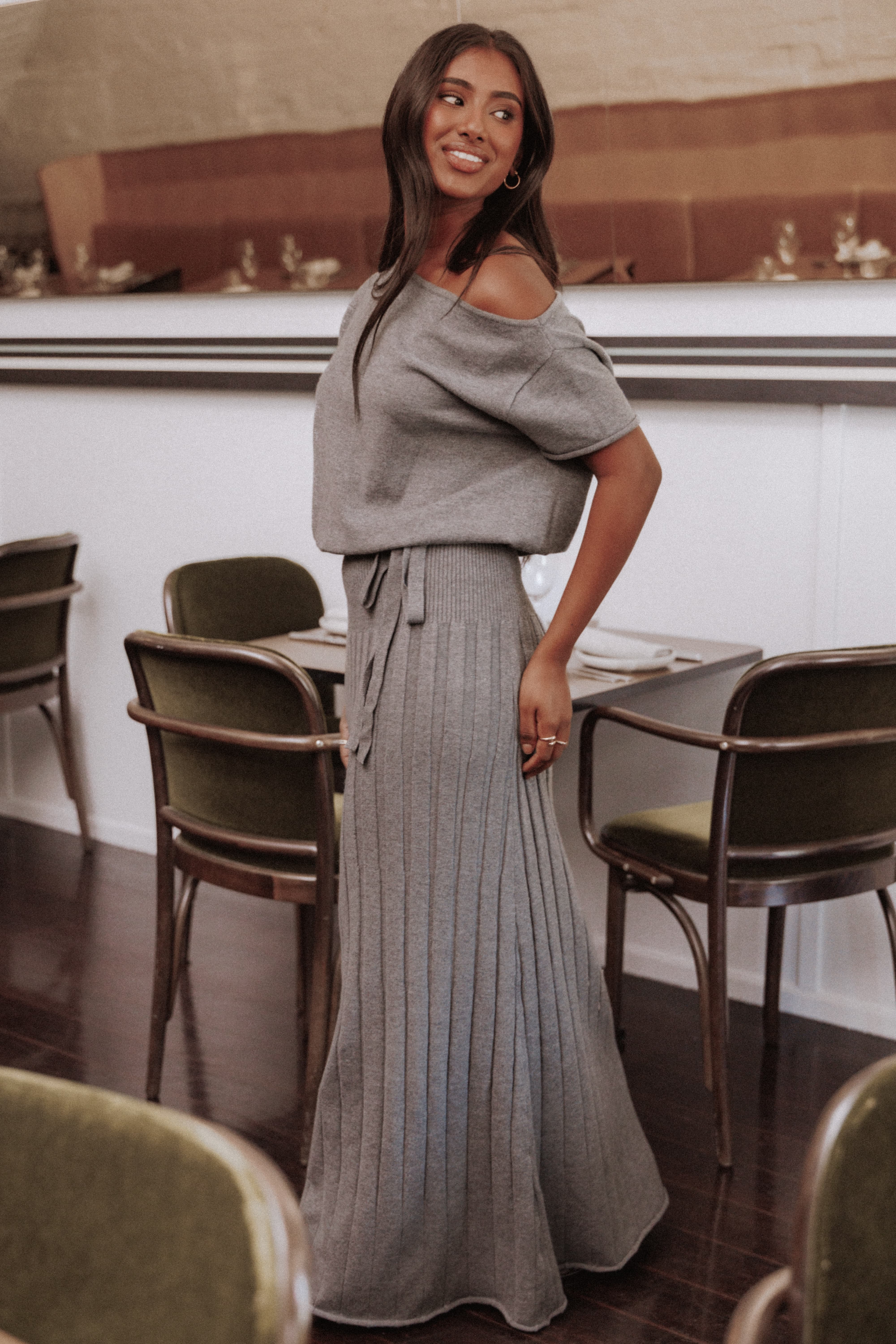 DRESSES Arnie Off Shoulder Midi Dress - Charcoal Grey
