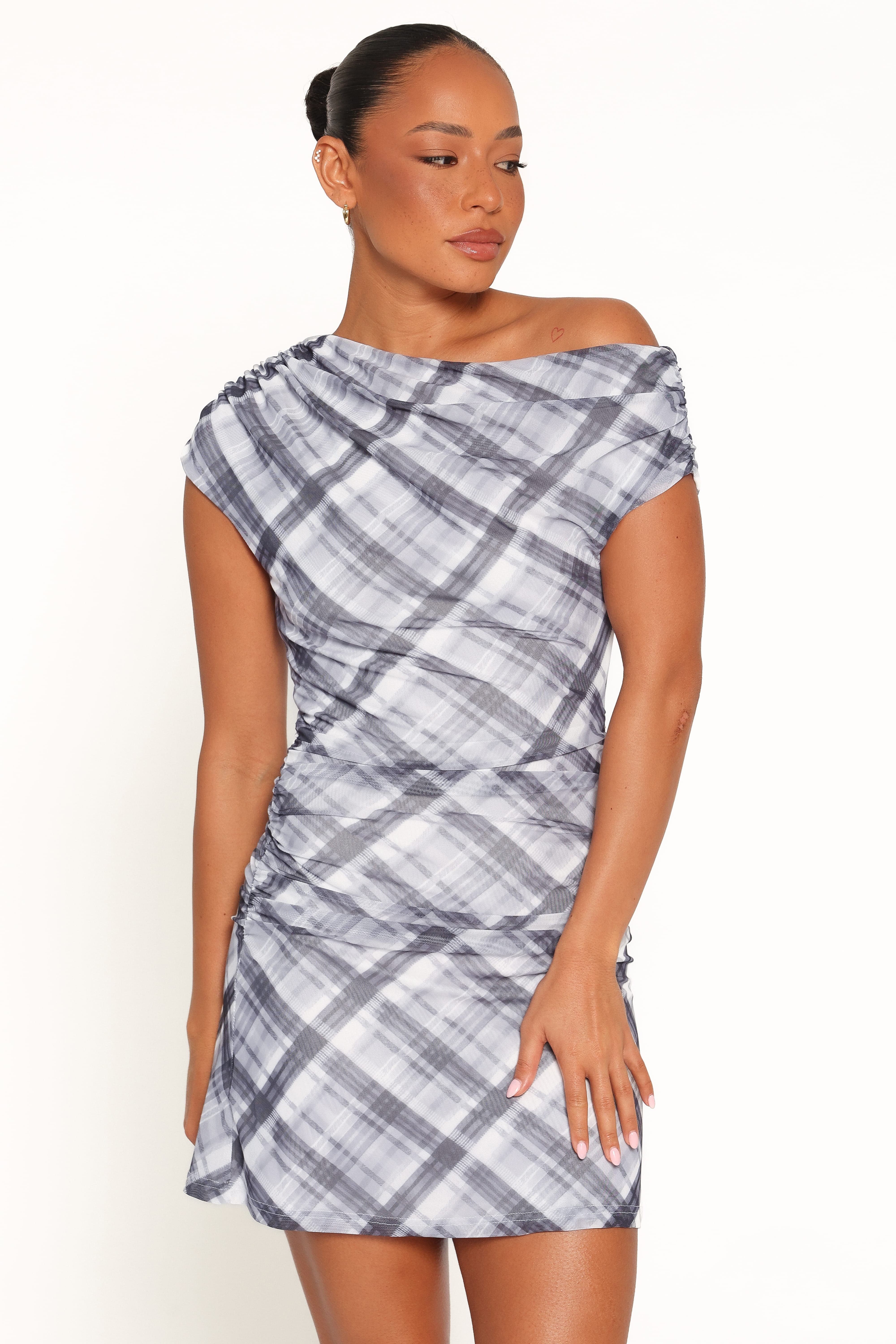 DRESSES Callan Off Shoulder Mini Dress - Black Plaid